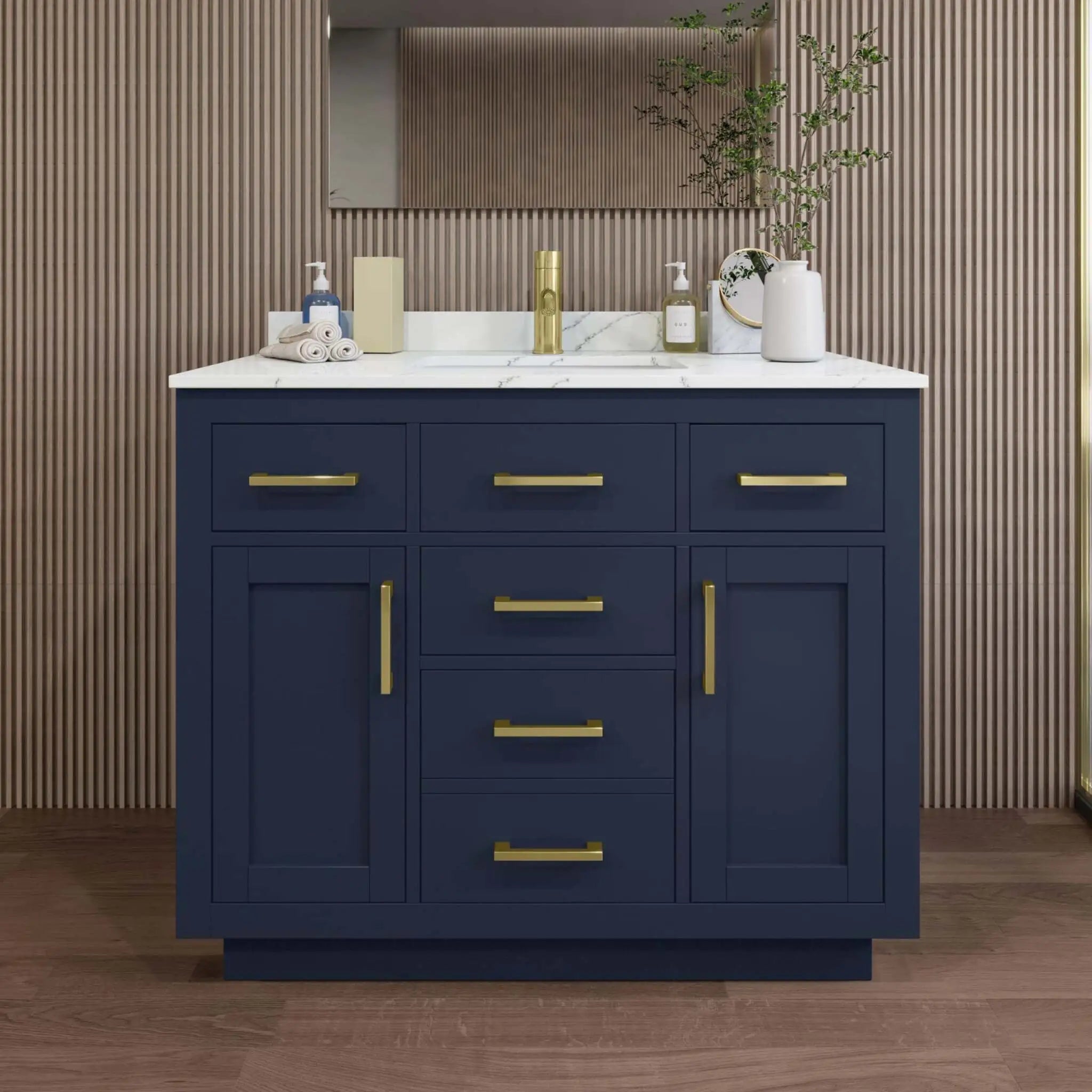 42" Beckett TK Beckett Single Bathroom Vanity with Toe Kick in Dark Blue with Brushed Gold Trim by Wyndham