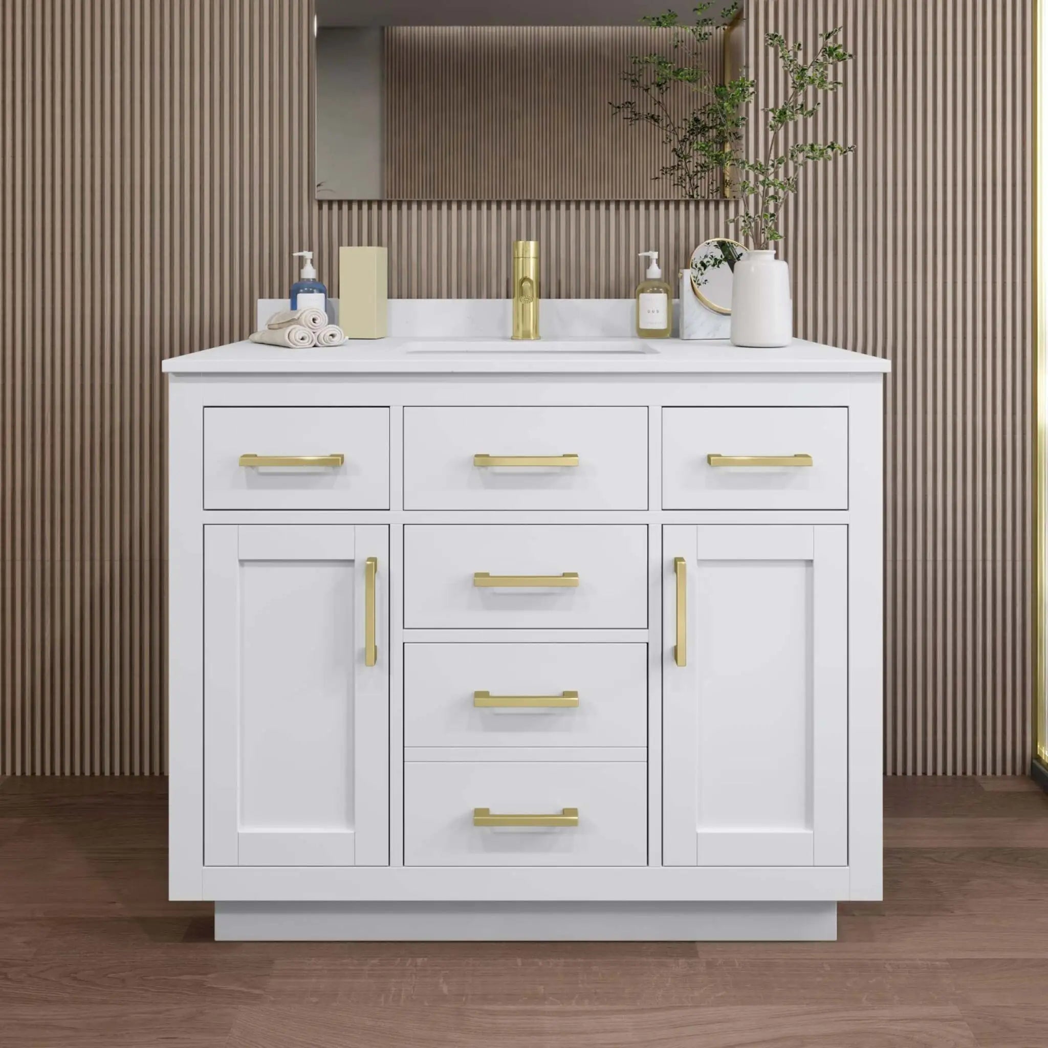 42" Beckett TK Beckett Single Bathroom Vanity with Toe Kick in White with Brushed Gold Trim by Wyndham