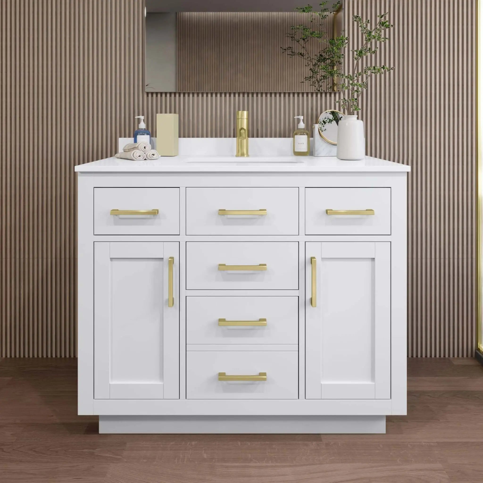 42" Beckett TK Beckett Single Bathroom Vanity with Toe Kick in White with Brushed Gold Trim by Wyndham