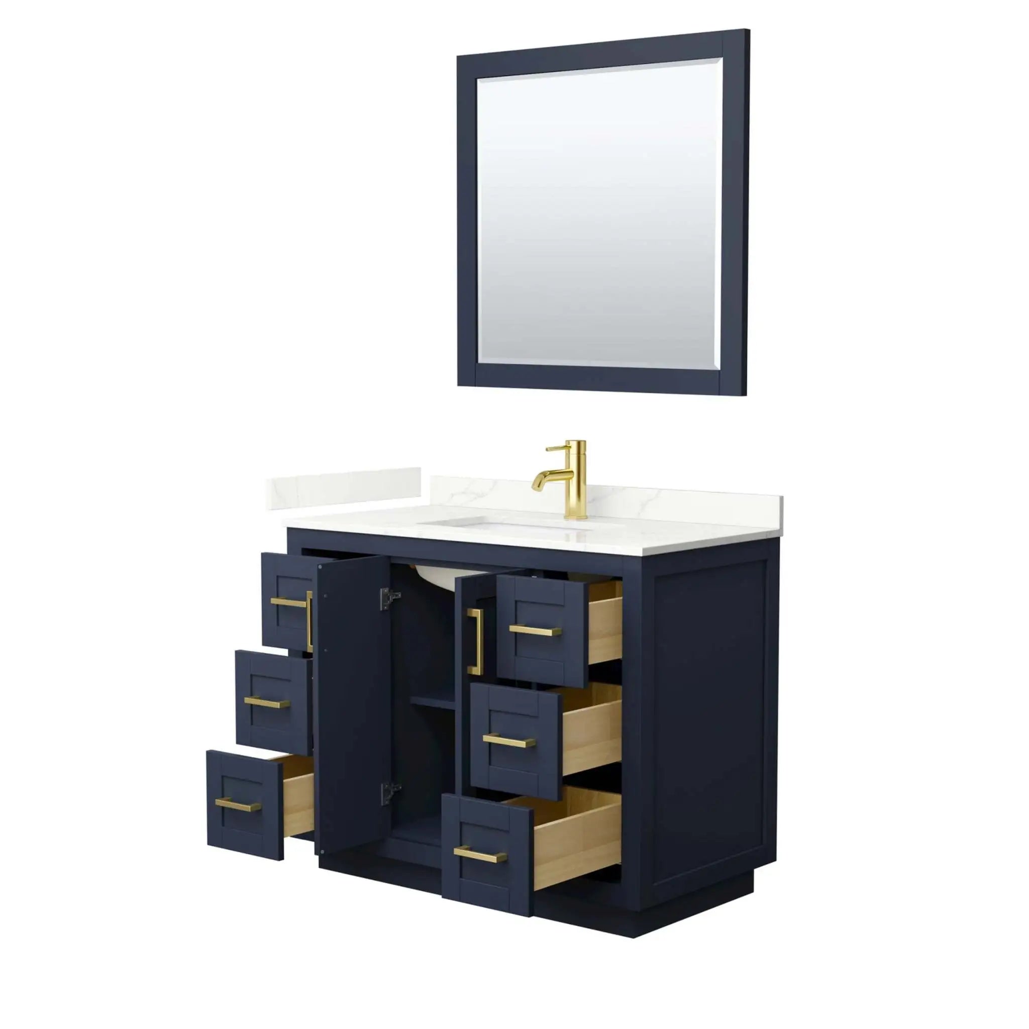 42" Miranda Single Bathroom Vanity in Dark Blue with Brushed Gold Trim & 34" Mirror by Wyndham