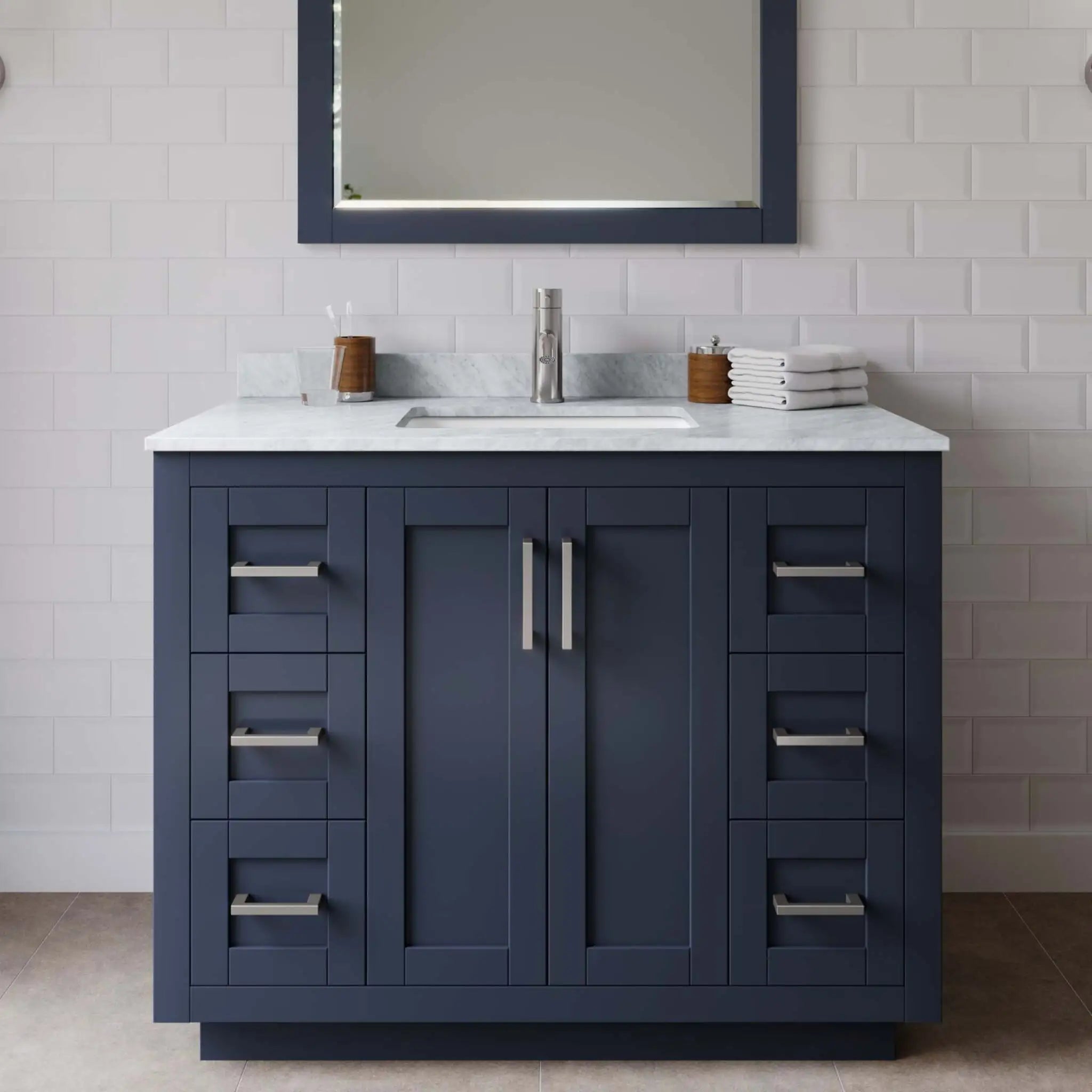 42" Miranda Single Bathroom Vanity in Dark Blue with Brushed Nickel Trim & 34" Mirror by Wyndham