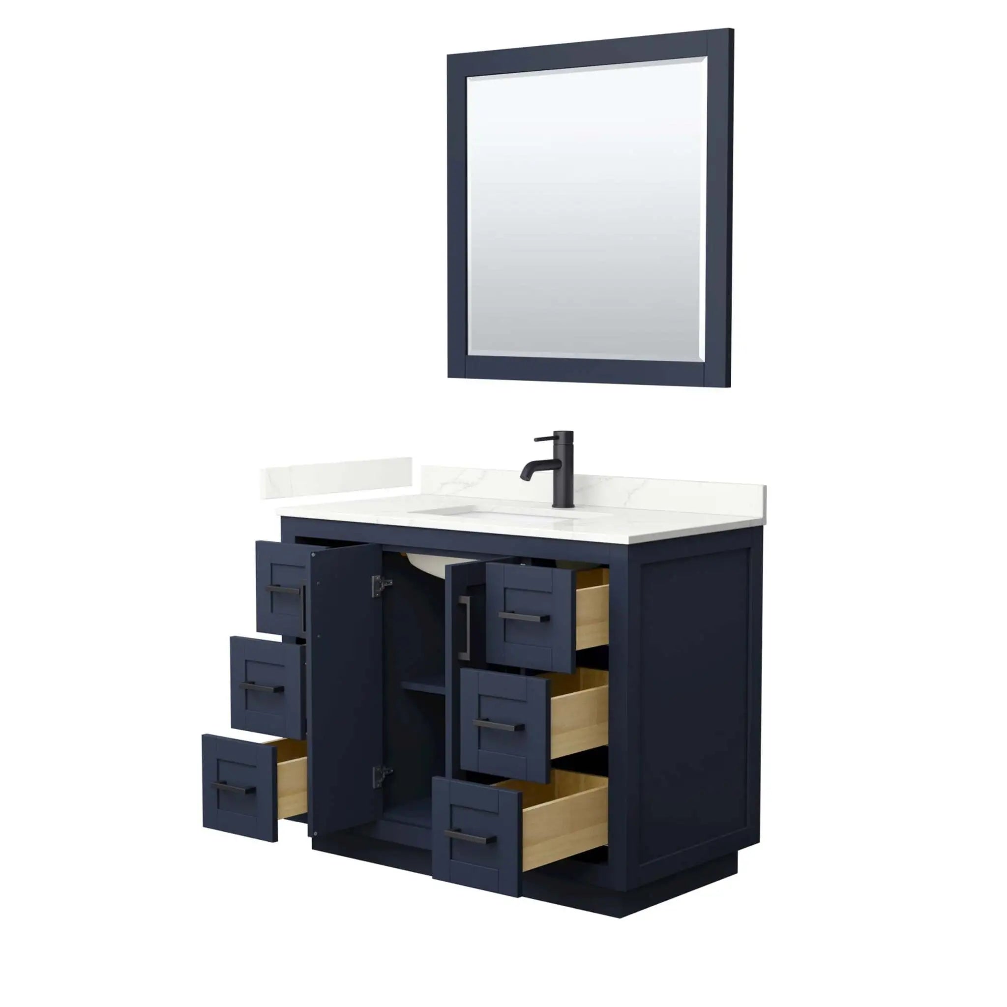 42" Miranda Single Bathroom Vanity in Dark Blue with Matte Black Trim & 34" Mirror by Wyndham
