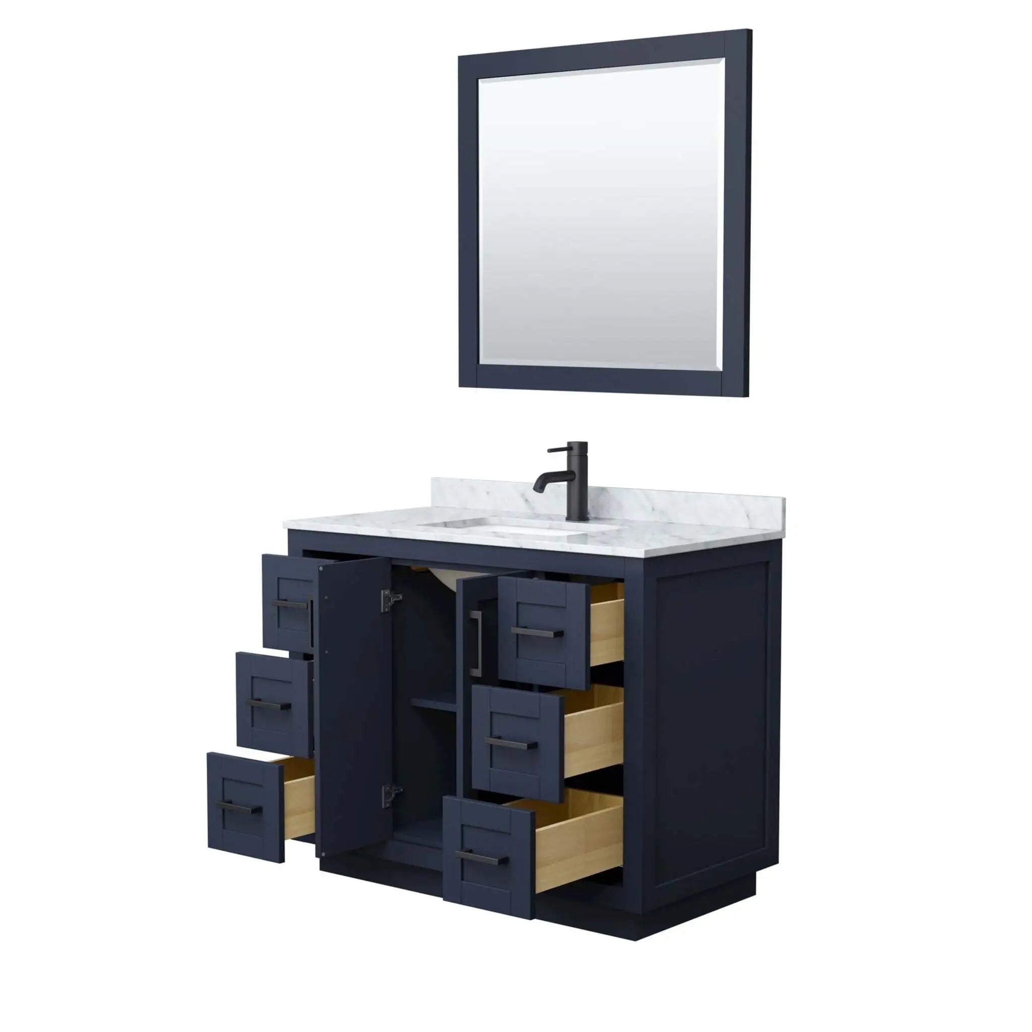 42" Miranda Single Bathroom Vanity in Dark Blue with Matte Black Trim & 34" Mirror by Wyndham