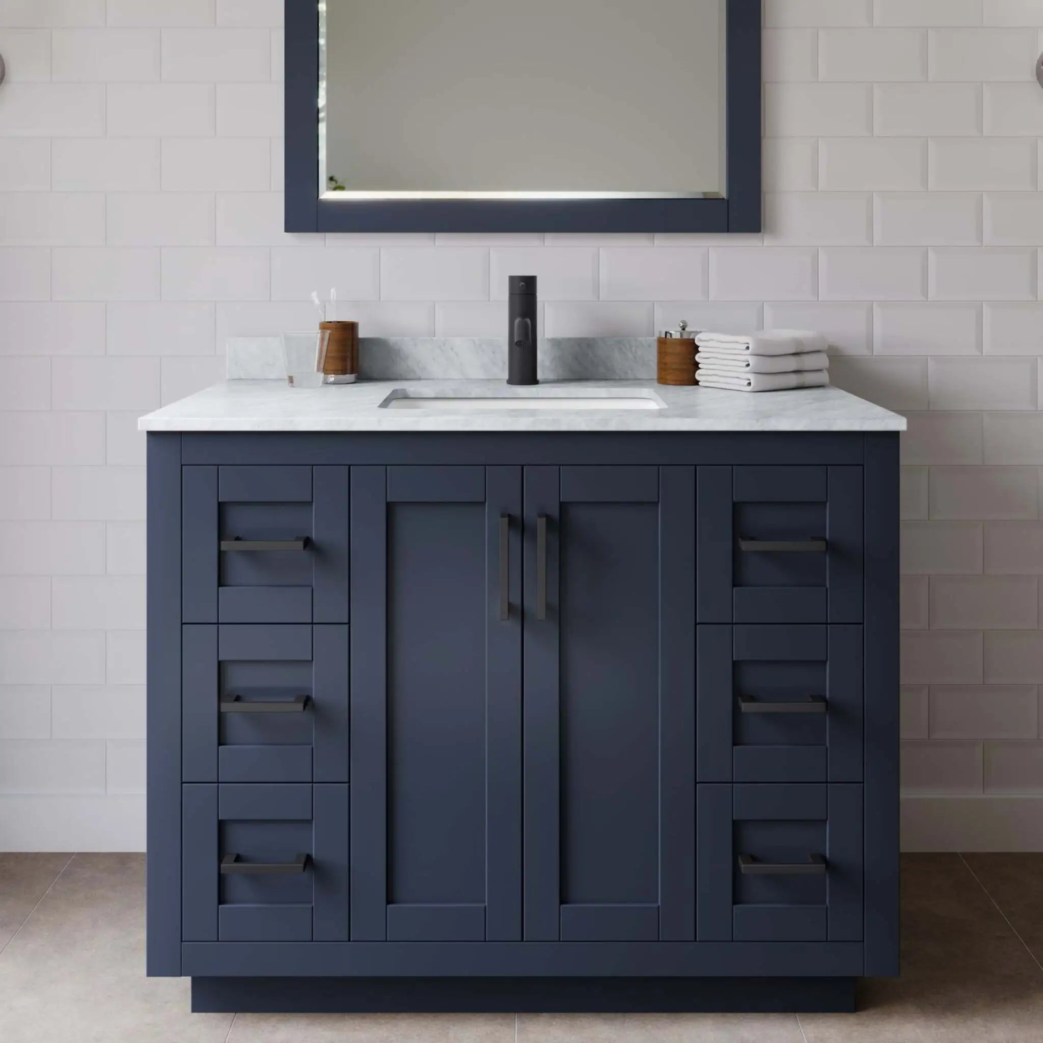 42" Miranda Single Bathroom Vanity in Dark Blue with Matte Black Trim by Wyndham