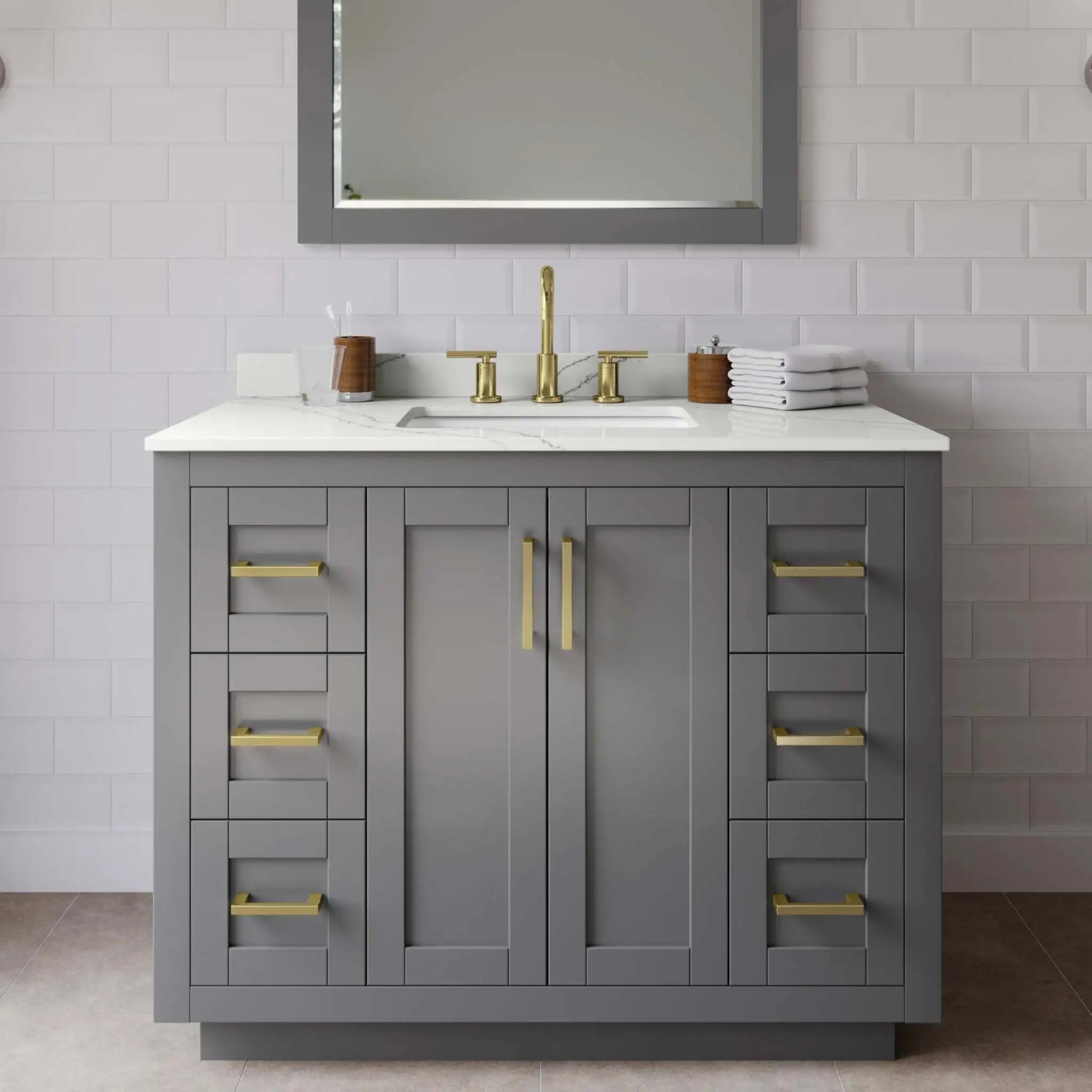 42" Miranda Single Bathroom Vanity in Dark Gray with Brushed Gold Trim & 34" Mirror by Wyndham