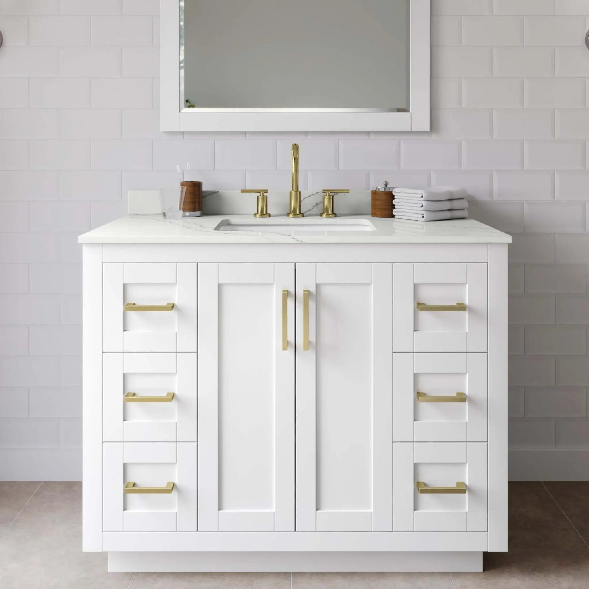 42" Miranda Single Bathroom Vanity in White with Brushed Gold Trim & 34" Mirror by Wyndham