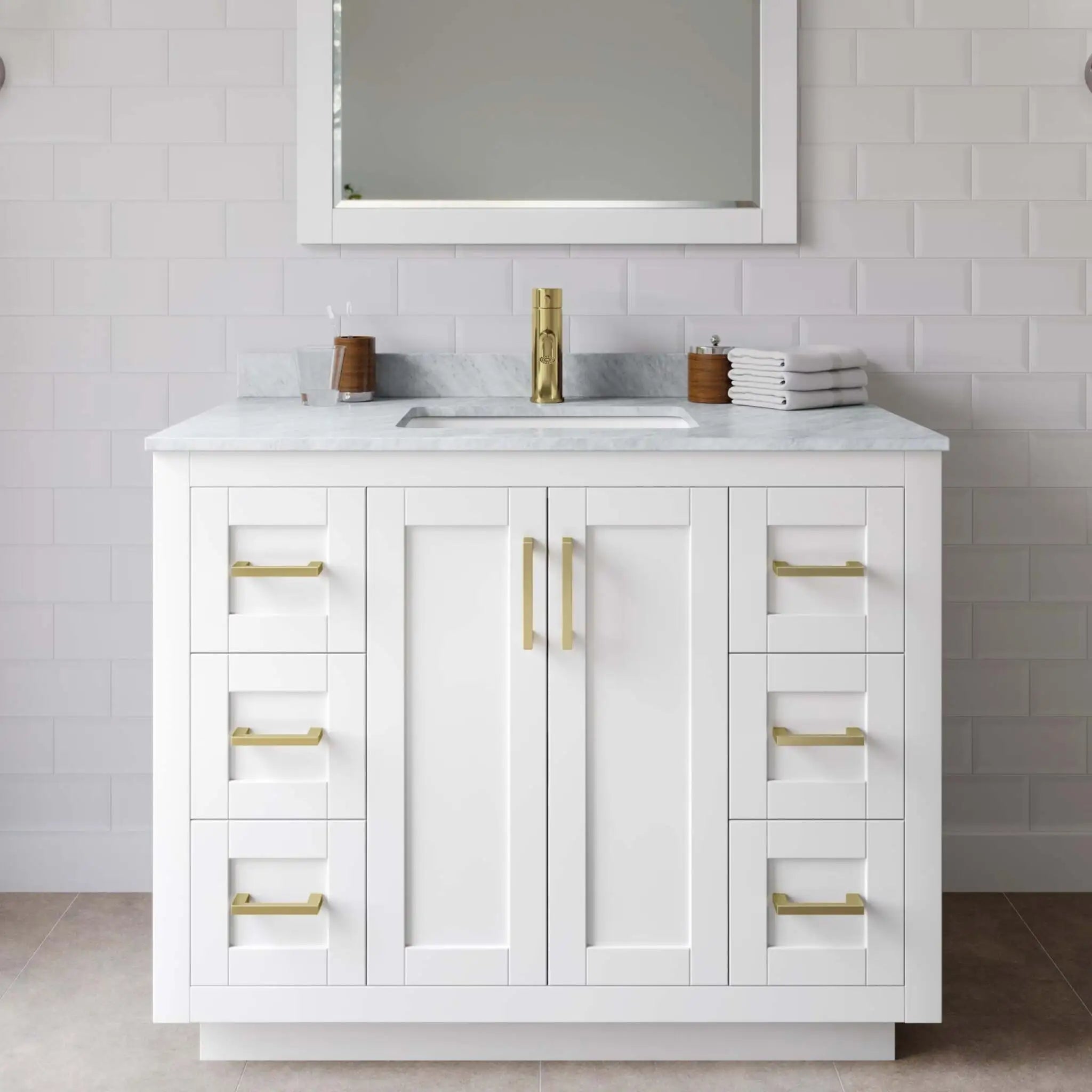 42" Miranda Single Bathroom Vanity in White with Brushed Gold Trim by Wyndham