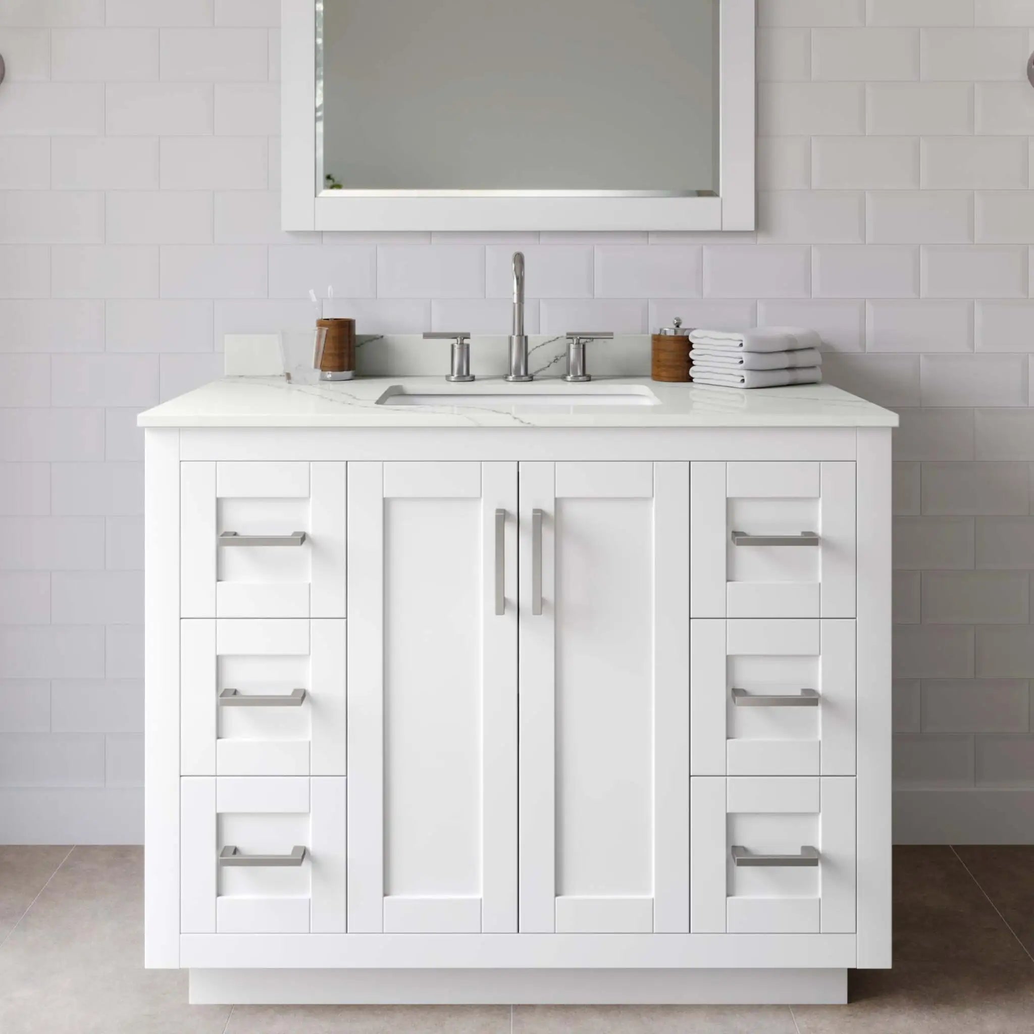 42" Miranda Single Bathroom Vanity in White with Brushed Nickel Trim & 34" Mirror by Wyndham