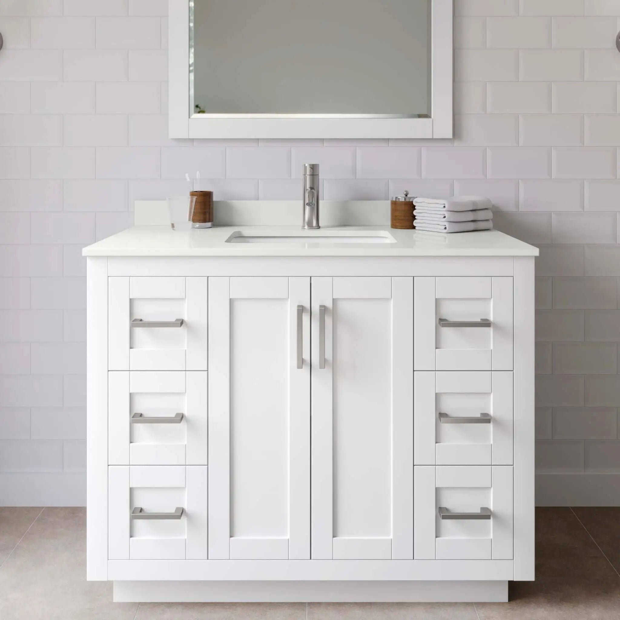 42" Miranda Single Bathroom Vanity in White with Brushed Nickel Trim & 34" Mirror by Wyndham