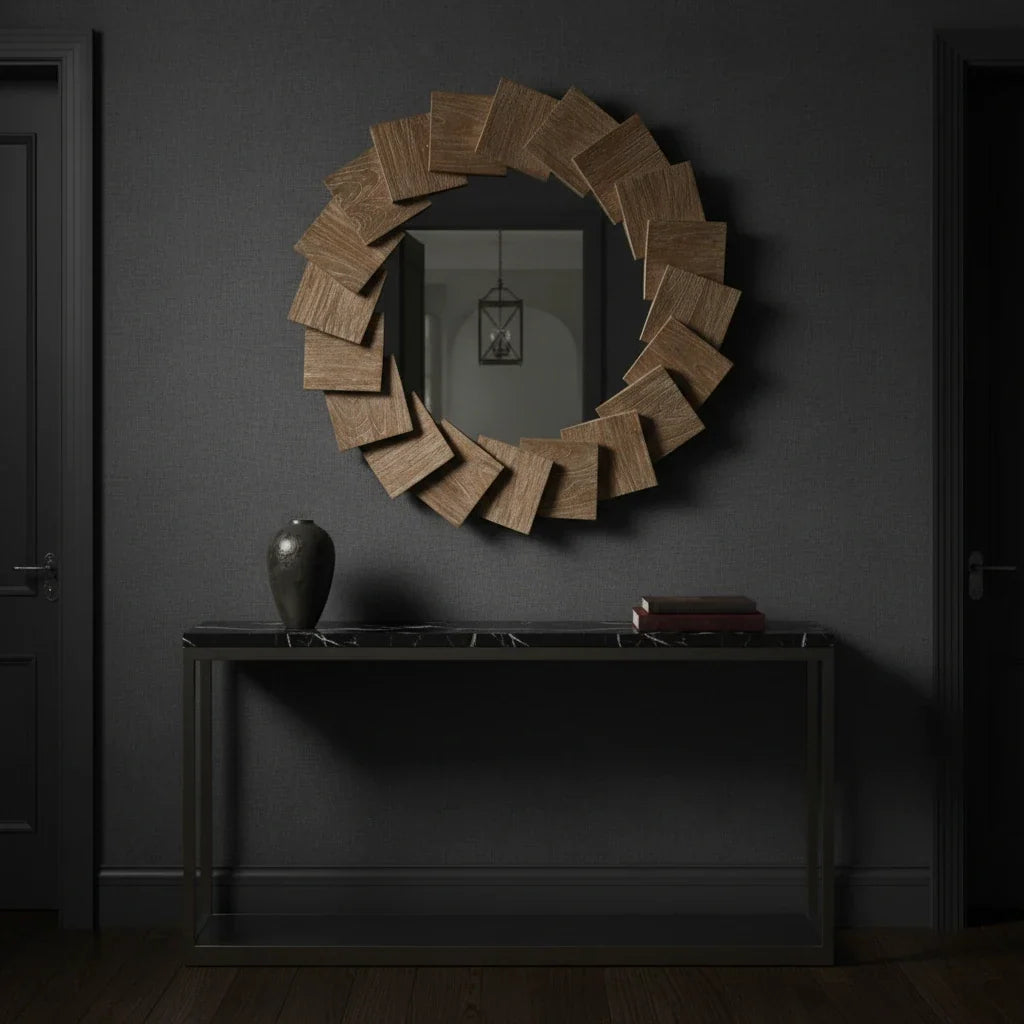 Round wooden mirror on a dark wall with a black console table below.