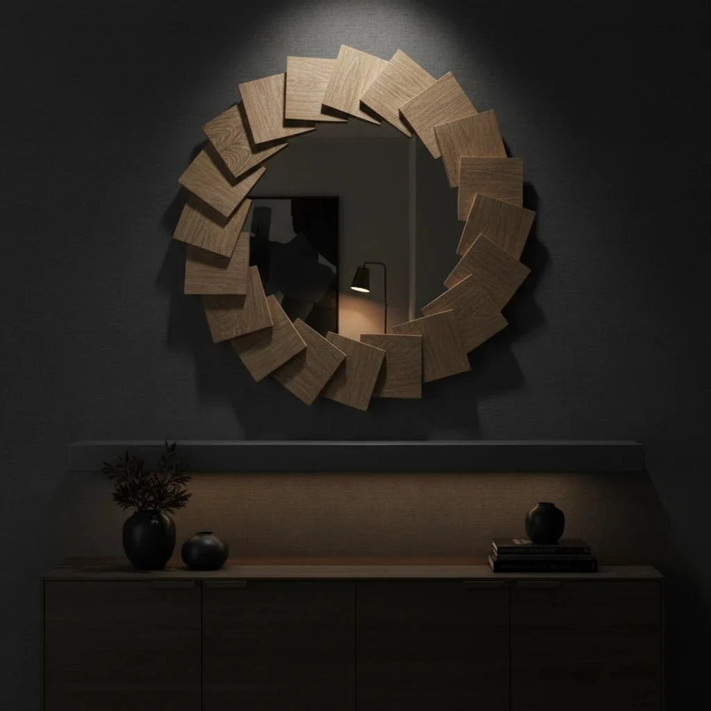 Round wooden mirror on a dark wall with a shelf below