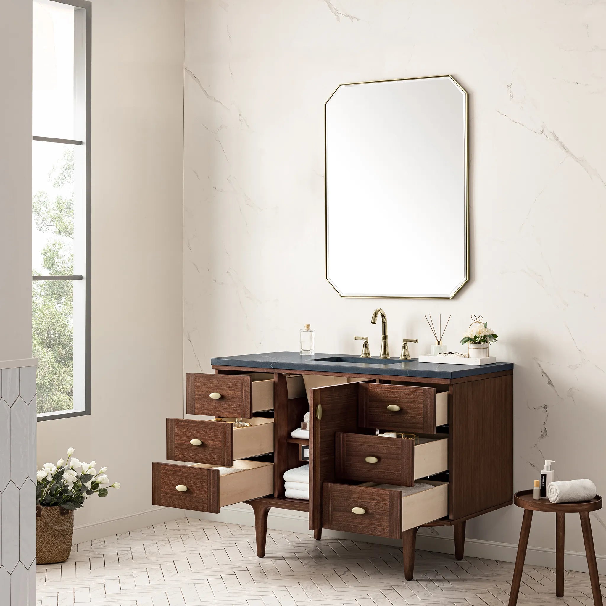 48" Amberly Single Vanity in Mid-Century Walnut-Charcoal Soapstone Silestone-8" Widespread image 10