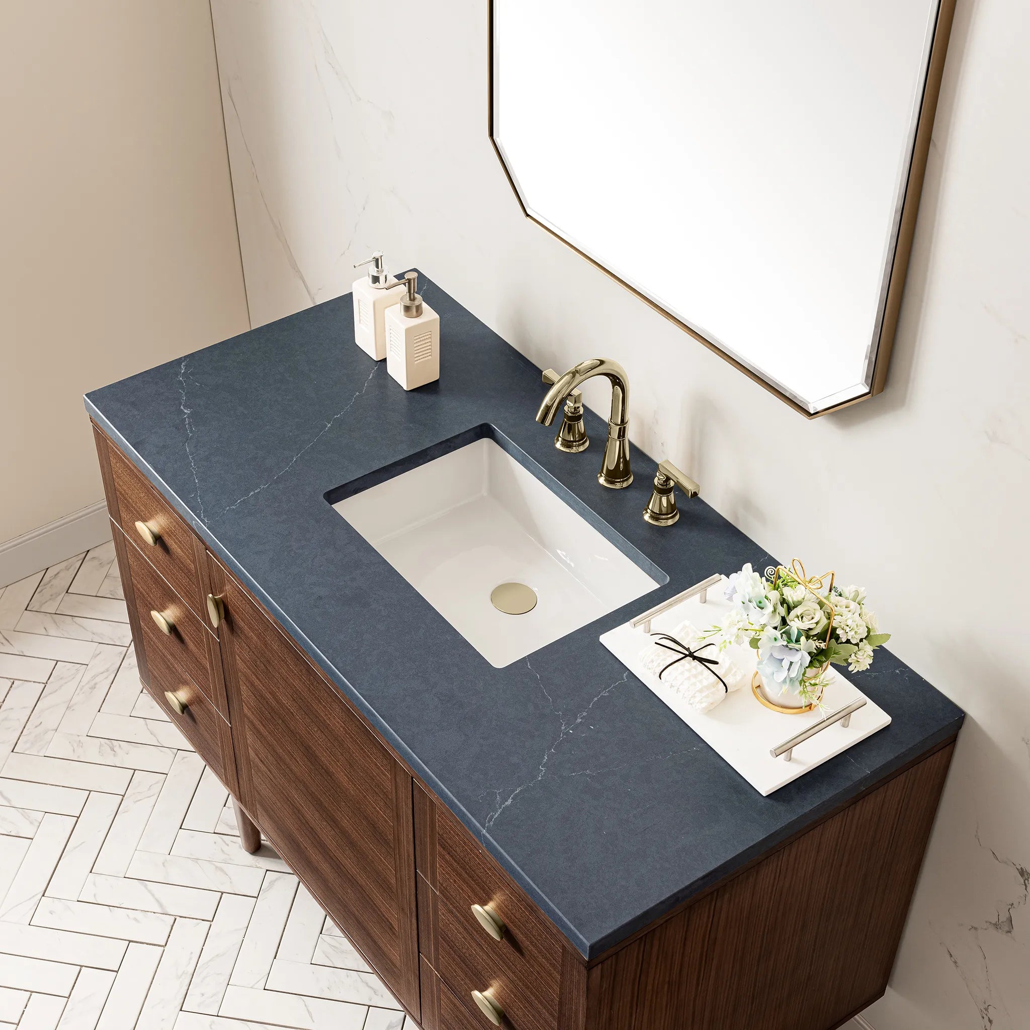 48" Amberly Single Vanity in Mid-Century Walnut-Charcoal Soapstone Silestone-8" Widespread image 14
