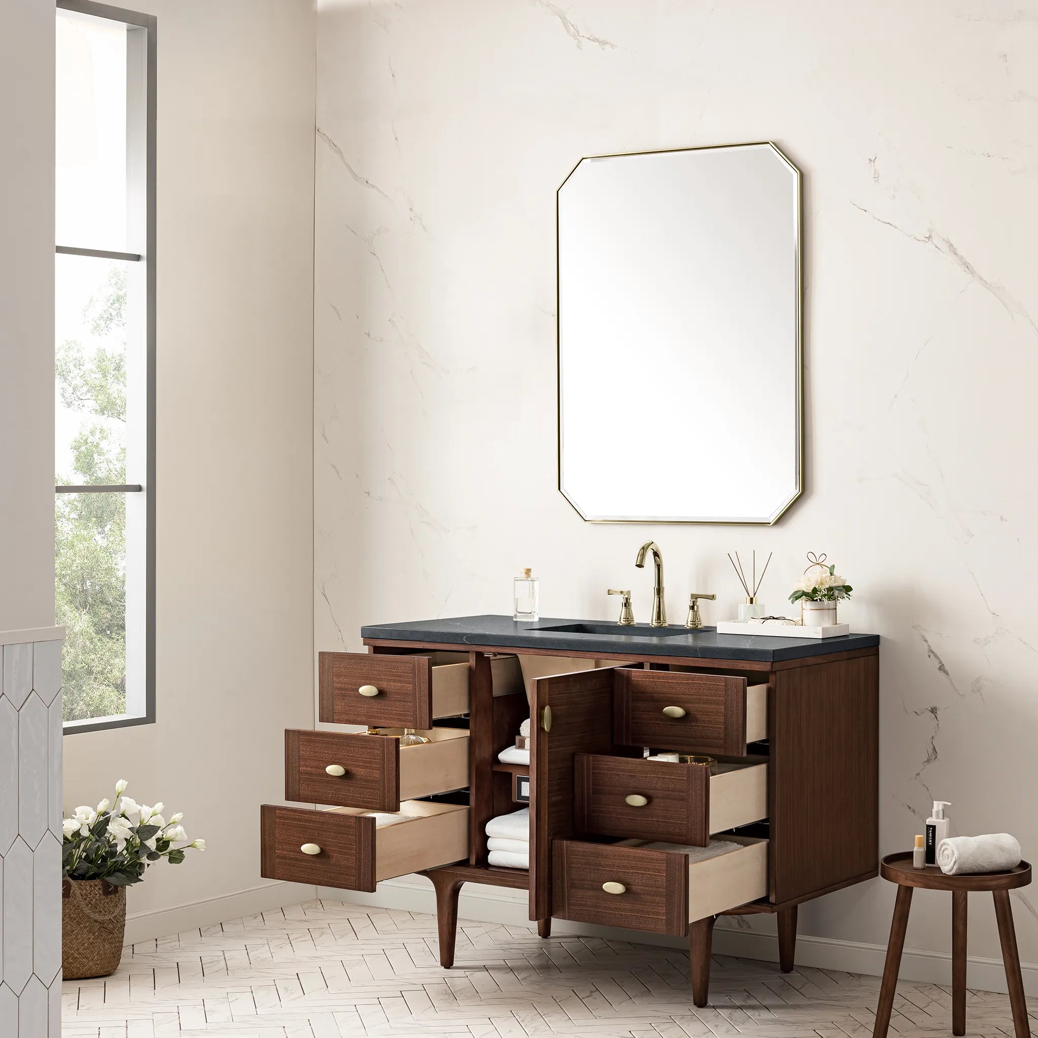 48" Amberly Single Vanity in Mid-Century Walnut-Charcoal Soapstone Silestone-8" Widespread image 8
