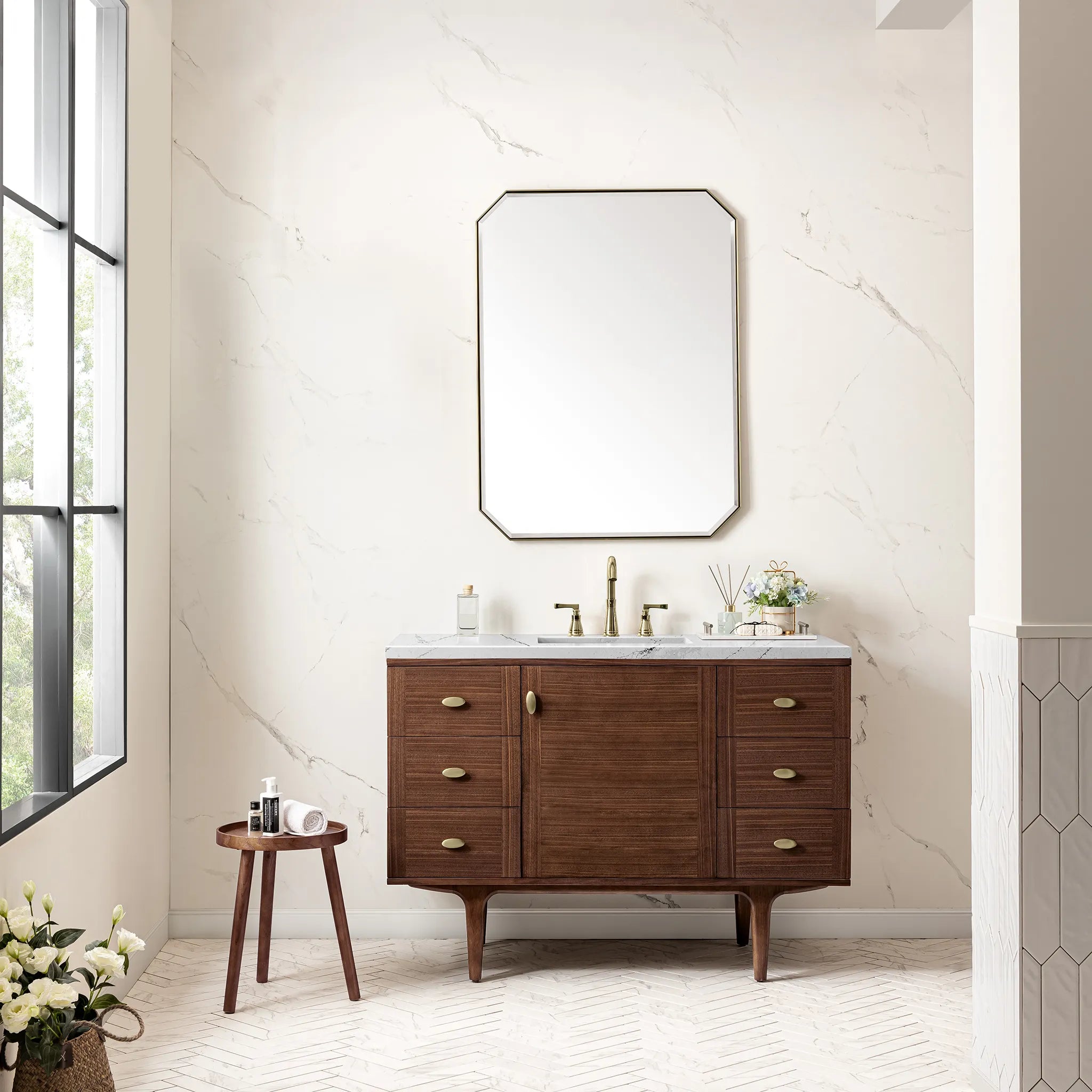 48" Amberly Single Vanity in Mid-Century Walnut-Ethereal Noctis Silestone-8" Widespread image 2