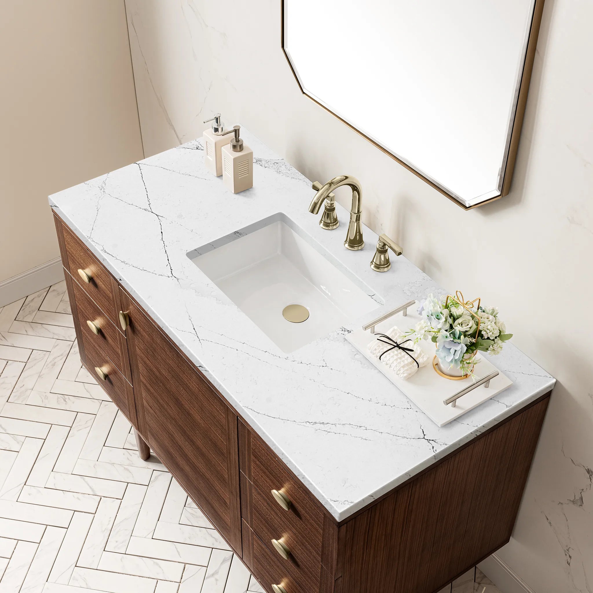 48" Amberly Single Vanity in Mid-Century Walnut-Ethereal Noctis Silestone-8" Widespread image 8