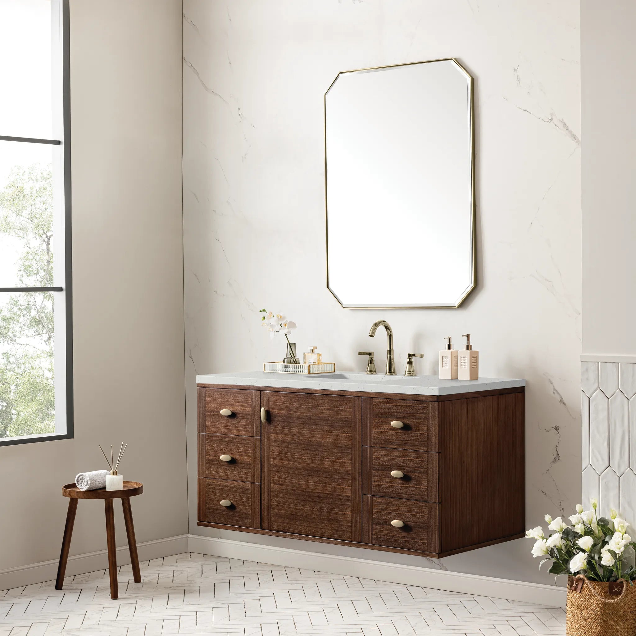 48" Amberly Single Vanity in Mid-Century Walnut-Lime Delight Silestone-8" Widespread image 5