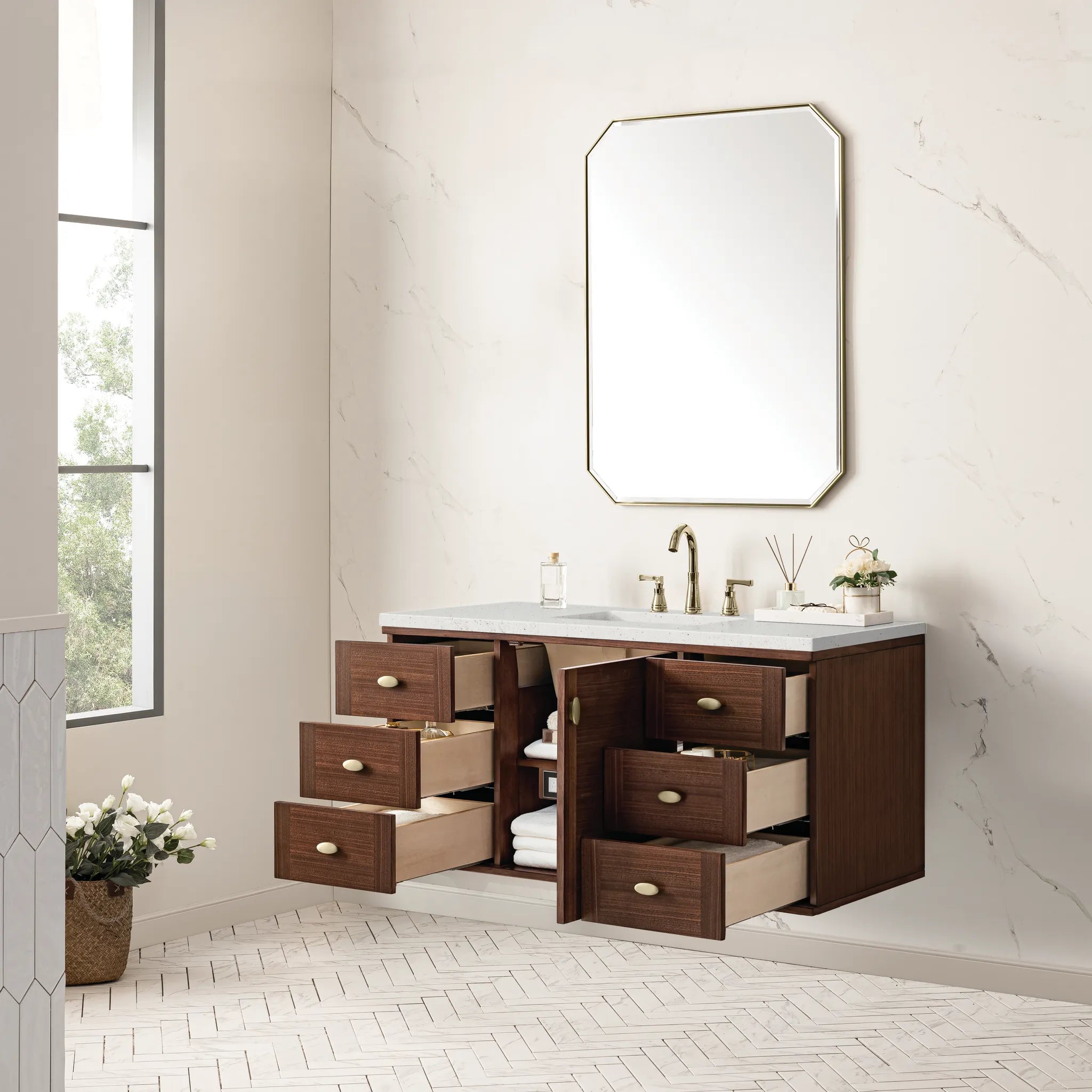 48" Amberly Single Vanity in Mid-Century Walnut-Lime Delight Silestone-8" Widespread image 7