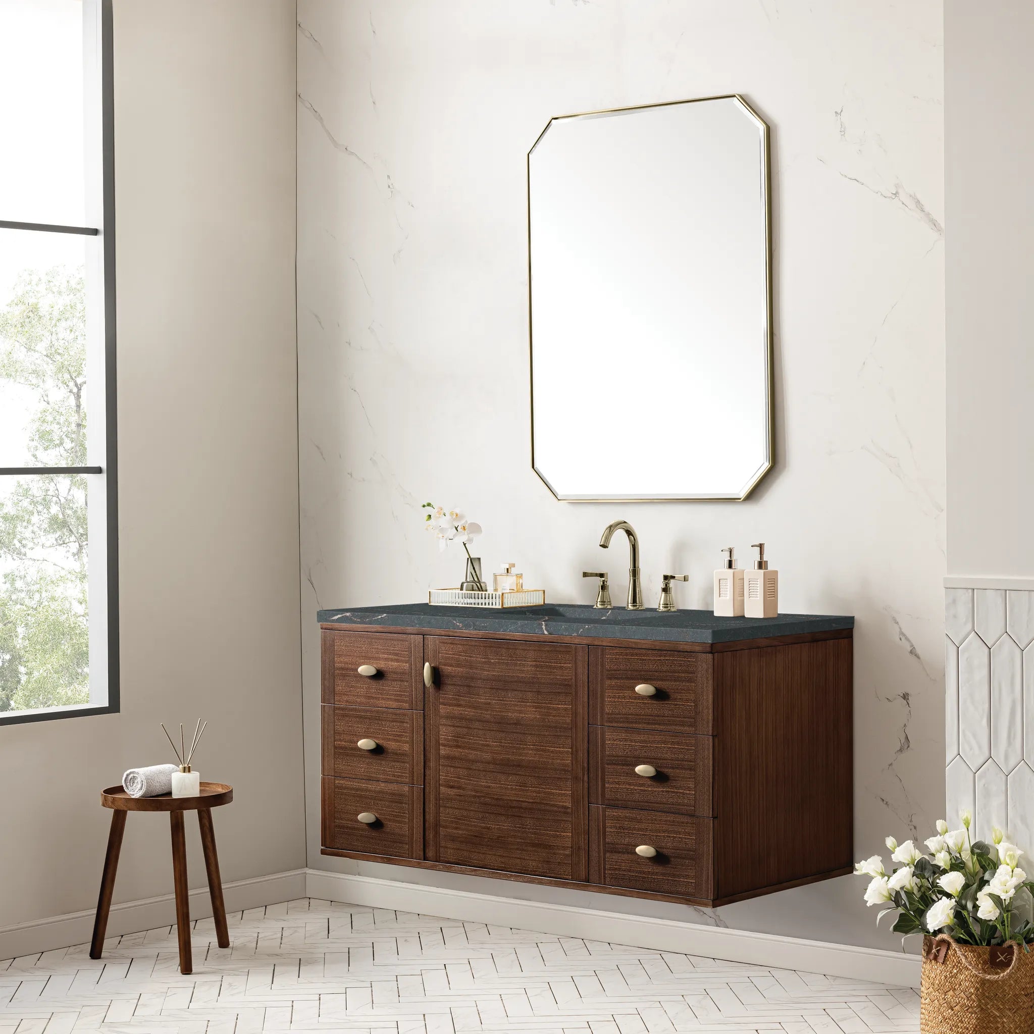 48" Amberly Single Vanity in Mid-Century Walnut-Parisien Bleu Silestone-8" Widespread image 5