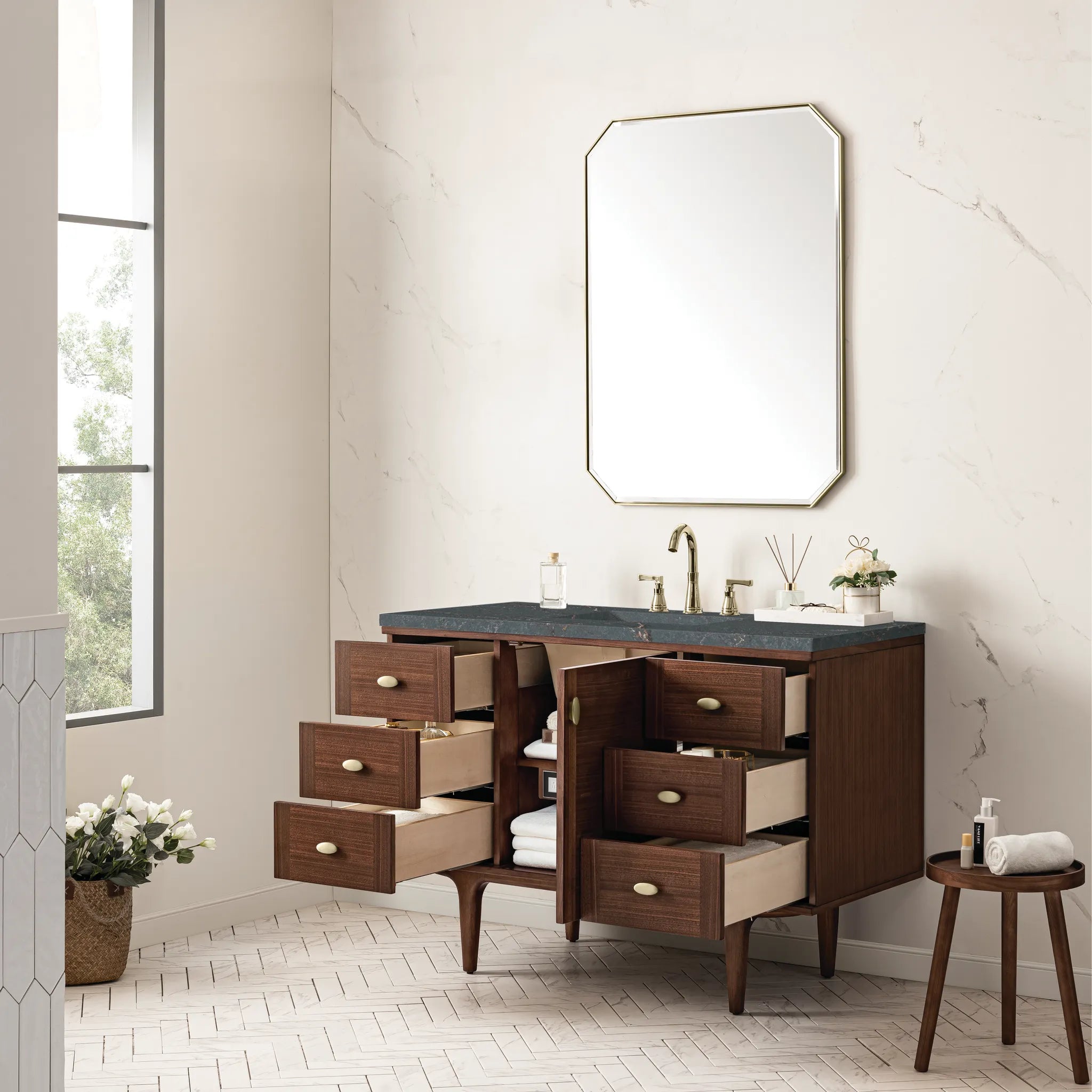 48" Amberly Single Vanity in Mid-Century Walnut-Parisien Bleu Silestone-8" Widespread image 6