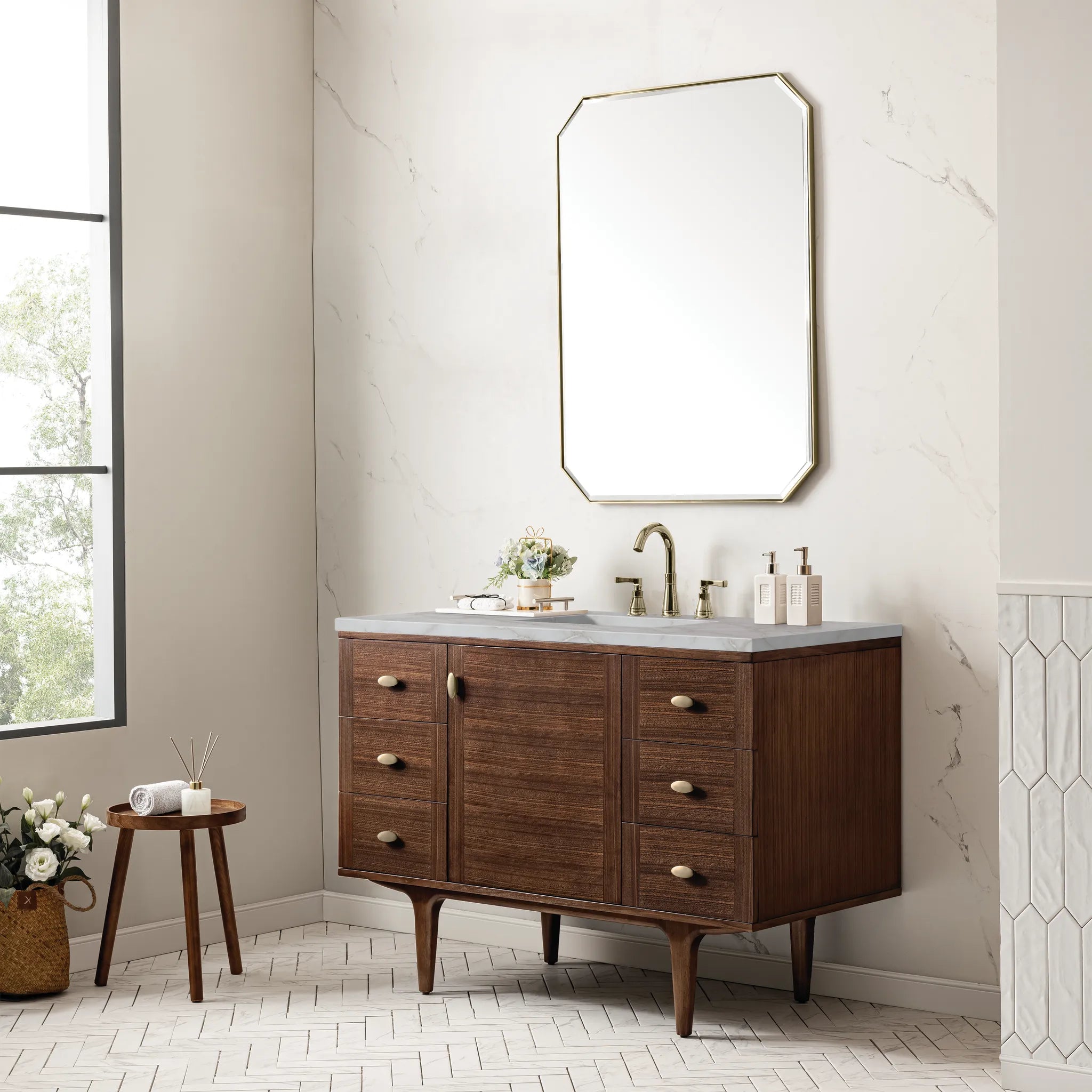 48" Amberly Single Vanity in Mid-Century Walnut-Victorian Silver Silestone-8" Widespread image 4