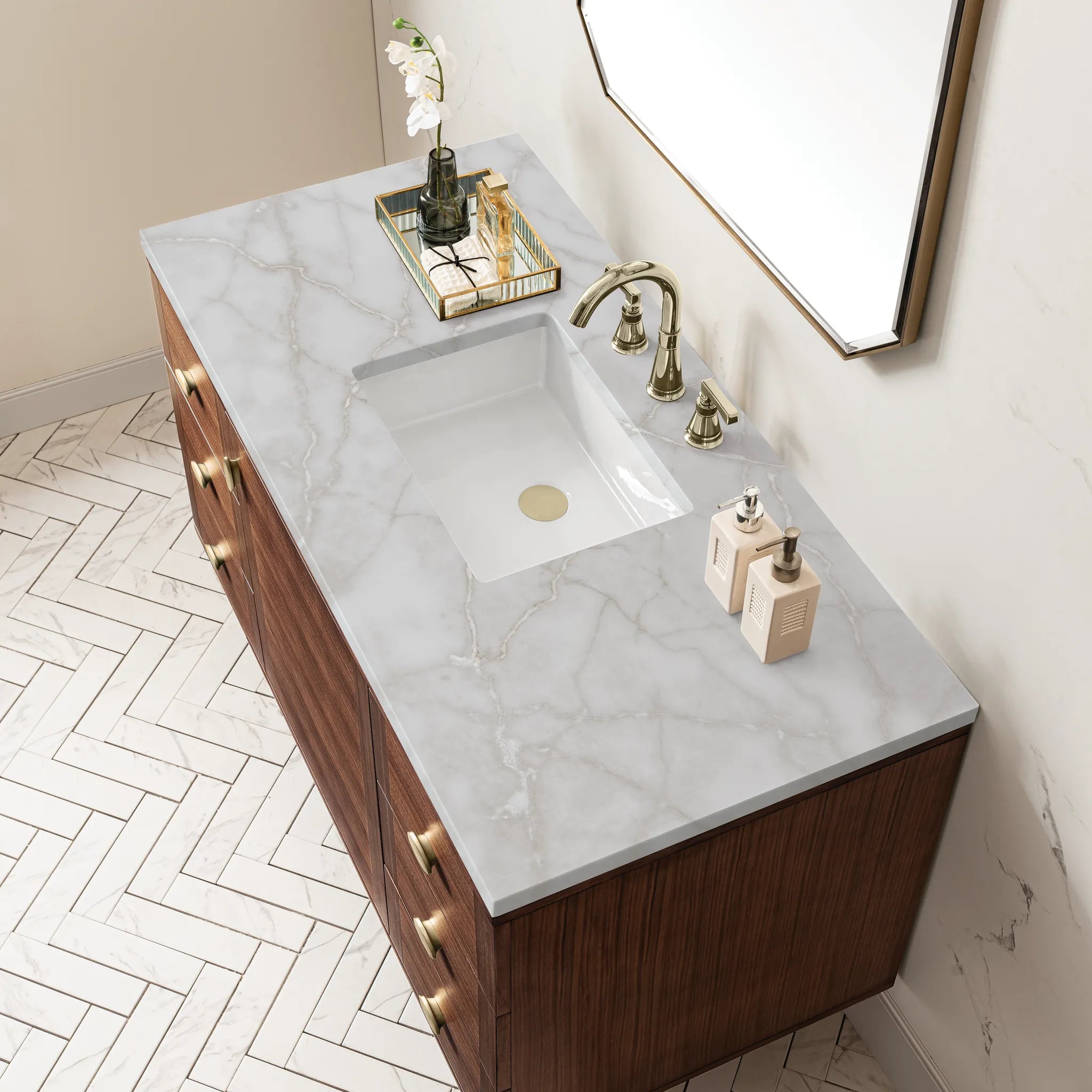 48" Amberly Single Vanity in Mid-Century Walnut-Victorian Silver Silestone-8" Widespread image 8