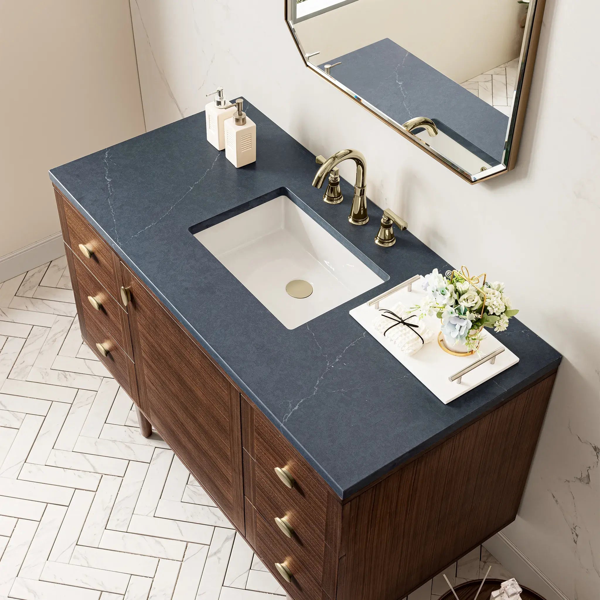 48" Amberly Single Vanity in Mid-Century Walnut w/FreePower Wireless Charger-Cabinet Only-Not Available image 3