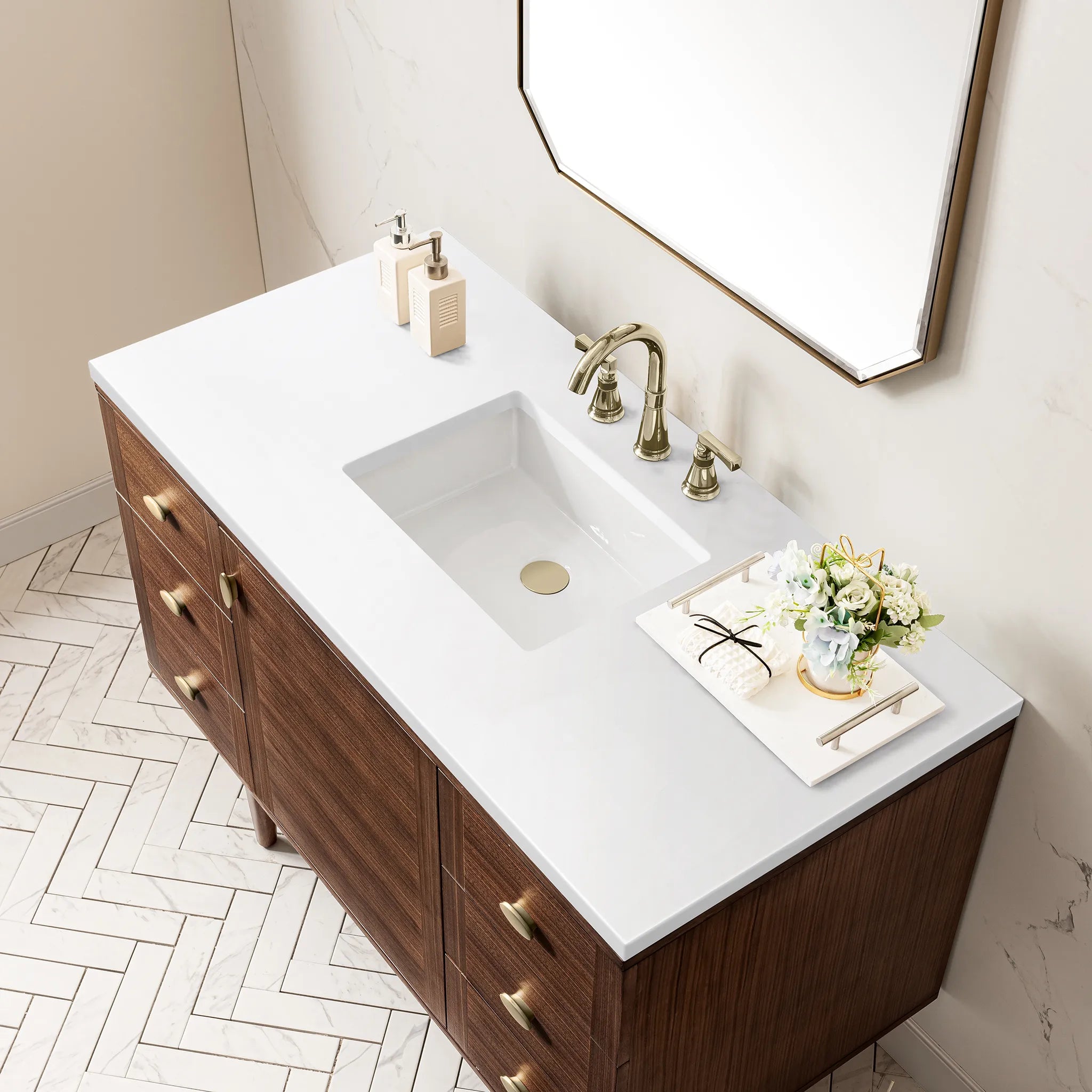 48" Amberly Single Vanity in Mid-Century Walnut-White Zeus Silestone-8" Widespread image 13