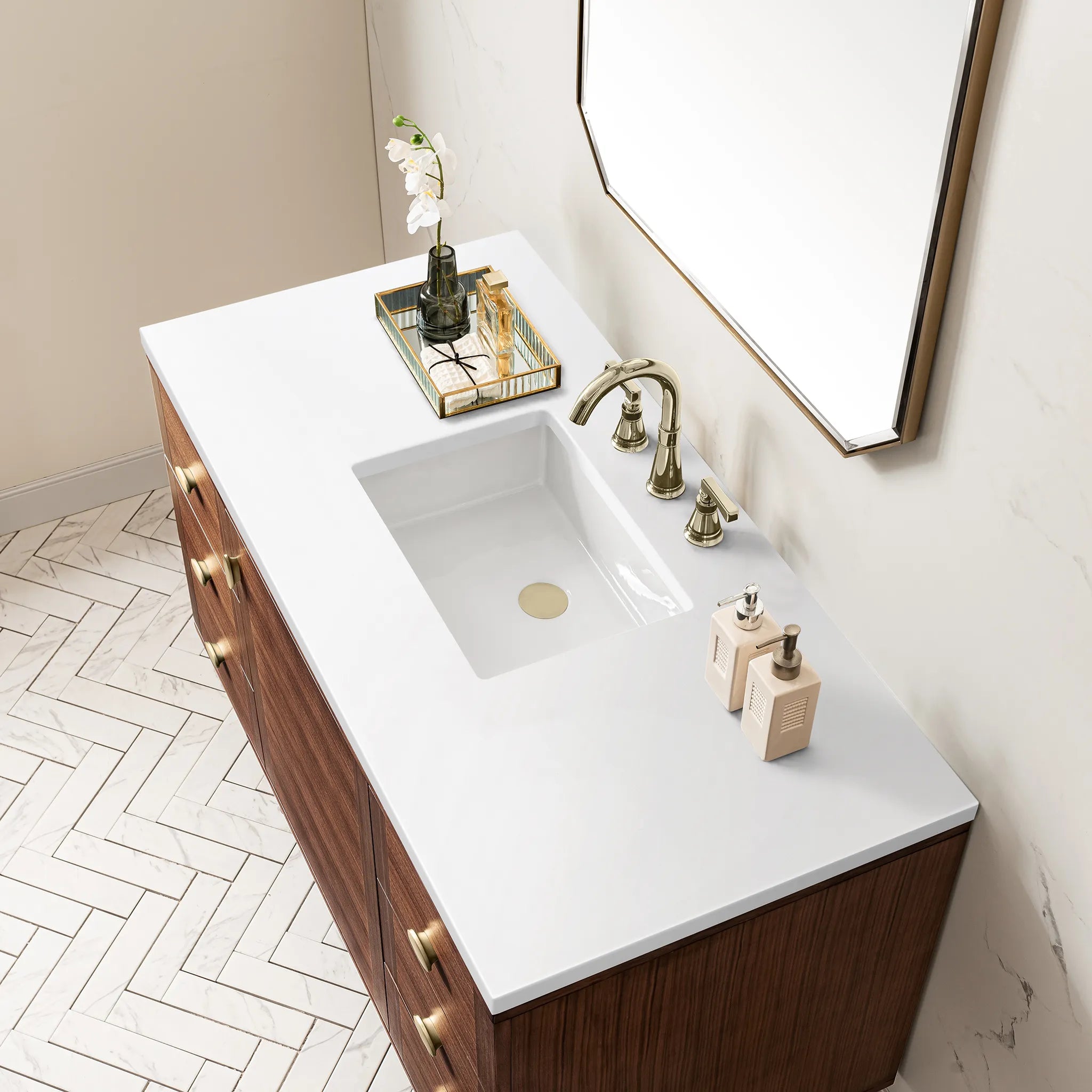 48" Amberly Single Vanity in Mid-Century Walnut-White Zeus Silestone-8" Widespread image 14