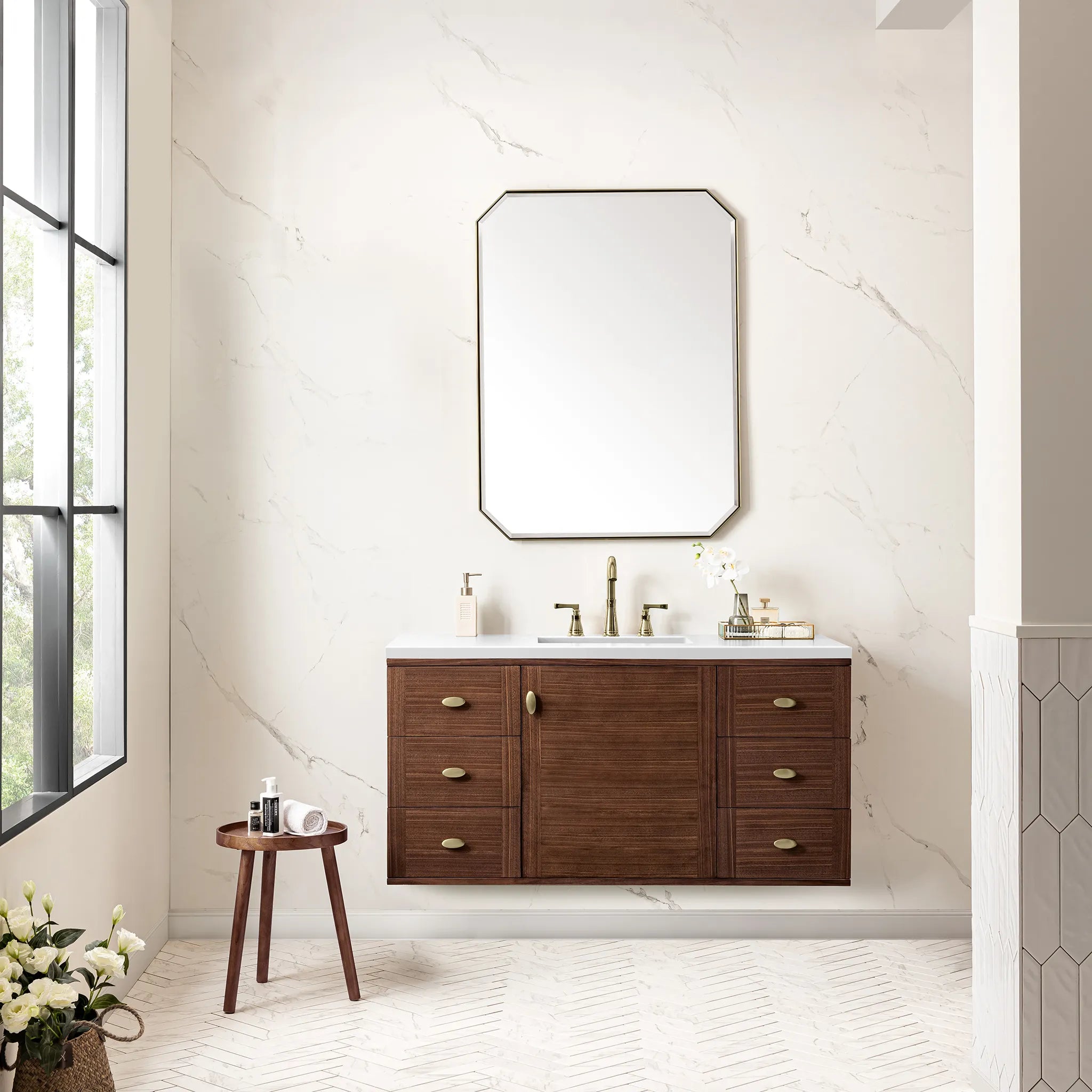 48" Amberly Single Vanity in Mid-Century Walnut-White Zeus Silestone-8" Widespread image 4