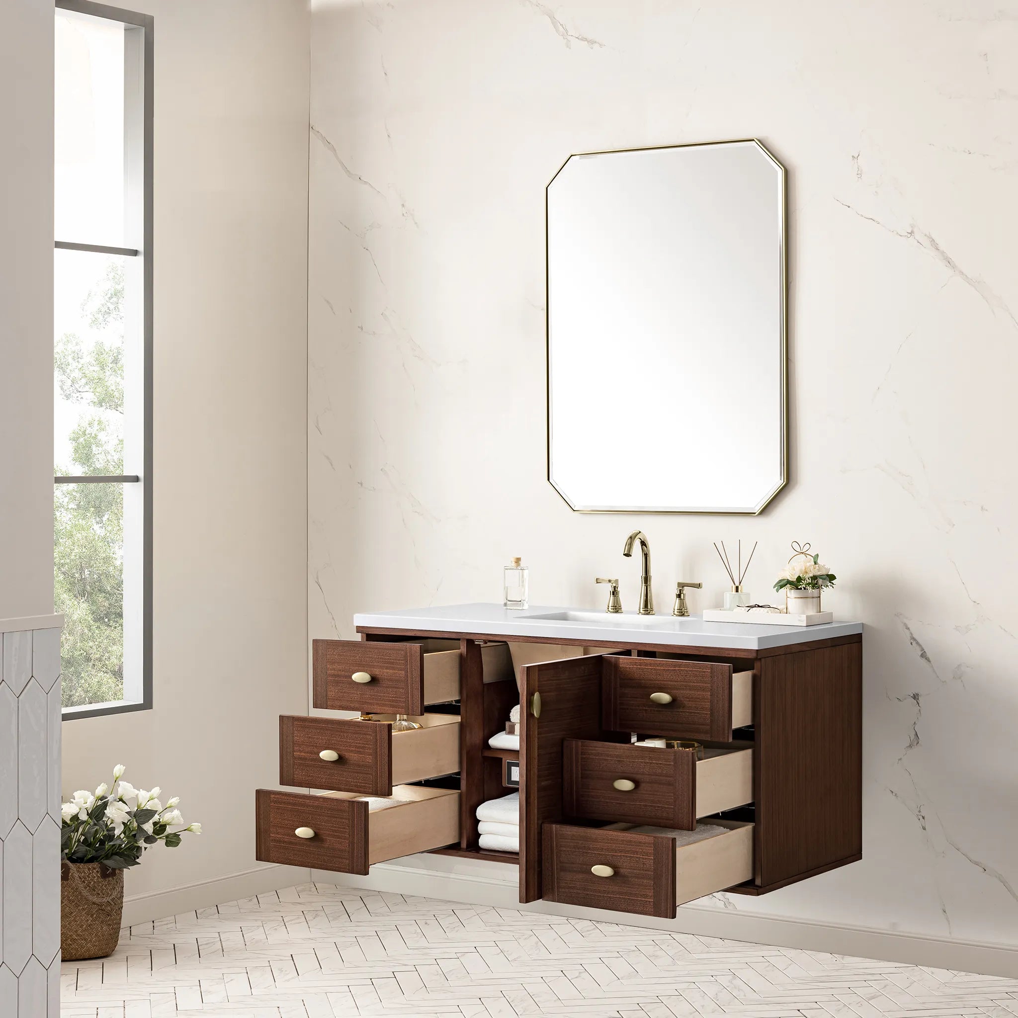 48" Amberly Single Vanity in Mid-Century Walnut-White Zeus Silestone-8" Widespread image 8