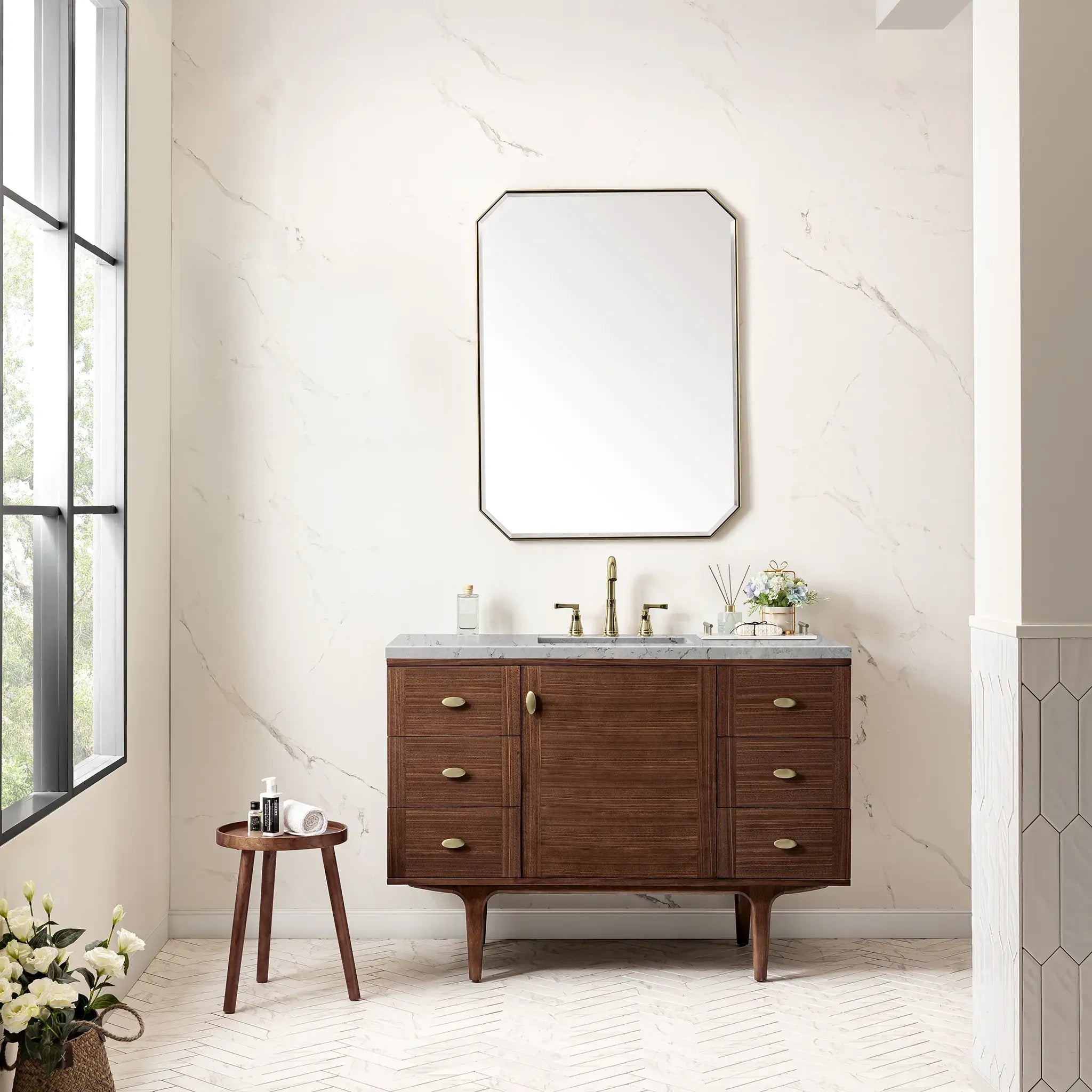 48" Amberly Single Vanity in Mid-Century Walnut Wireless Charger-Eternal Jasmine Pearl Silestone-8" Widespread image 5