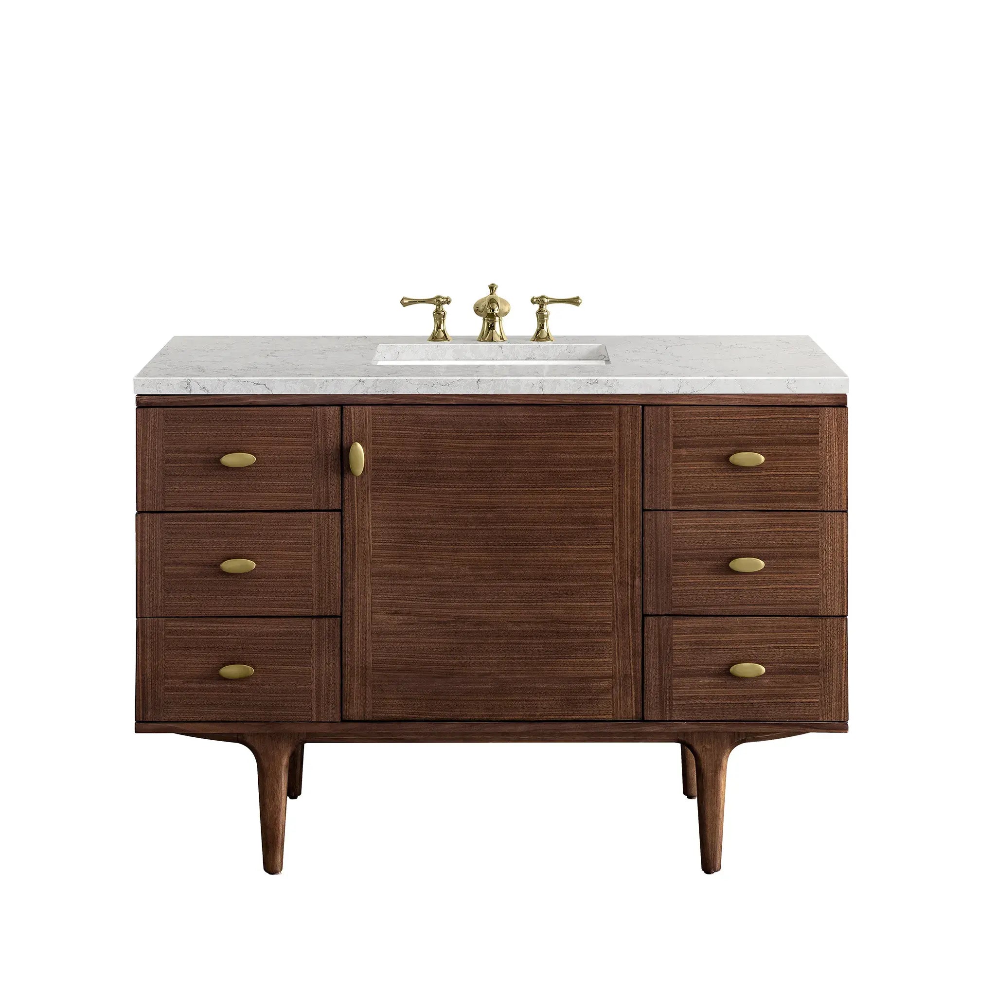 48" Amberly Single Vanity in Mid-Century Walnut Wireless Charger-Eternal Jasmine Pearl Silestone-8" Widespread image