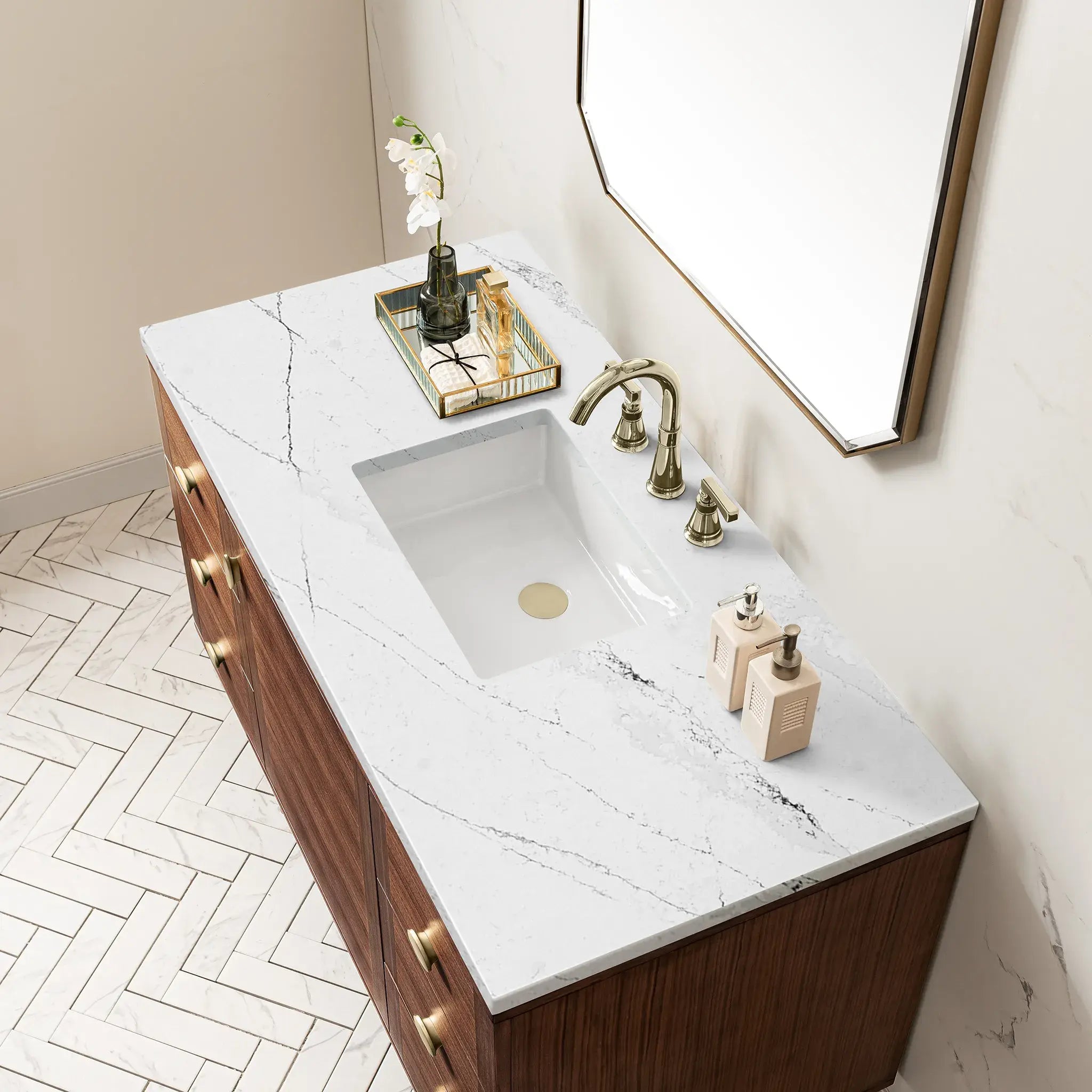 48" Amberly Single Vanity in Mid-Century Walnut Wireless Charger-Ethereal Noctis Silestone-8" Widespread image 12