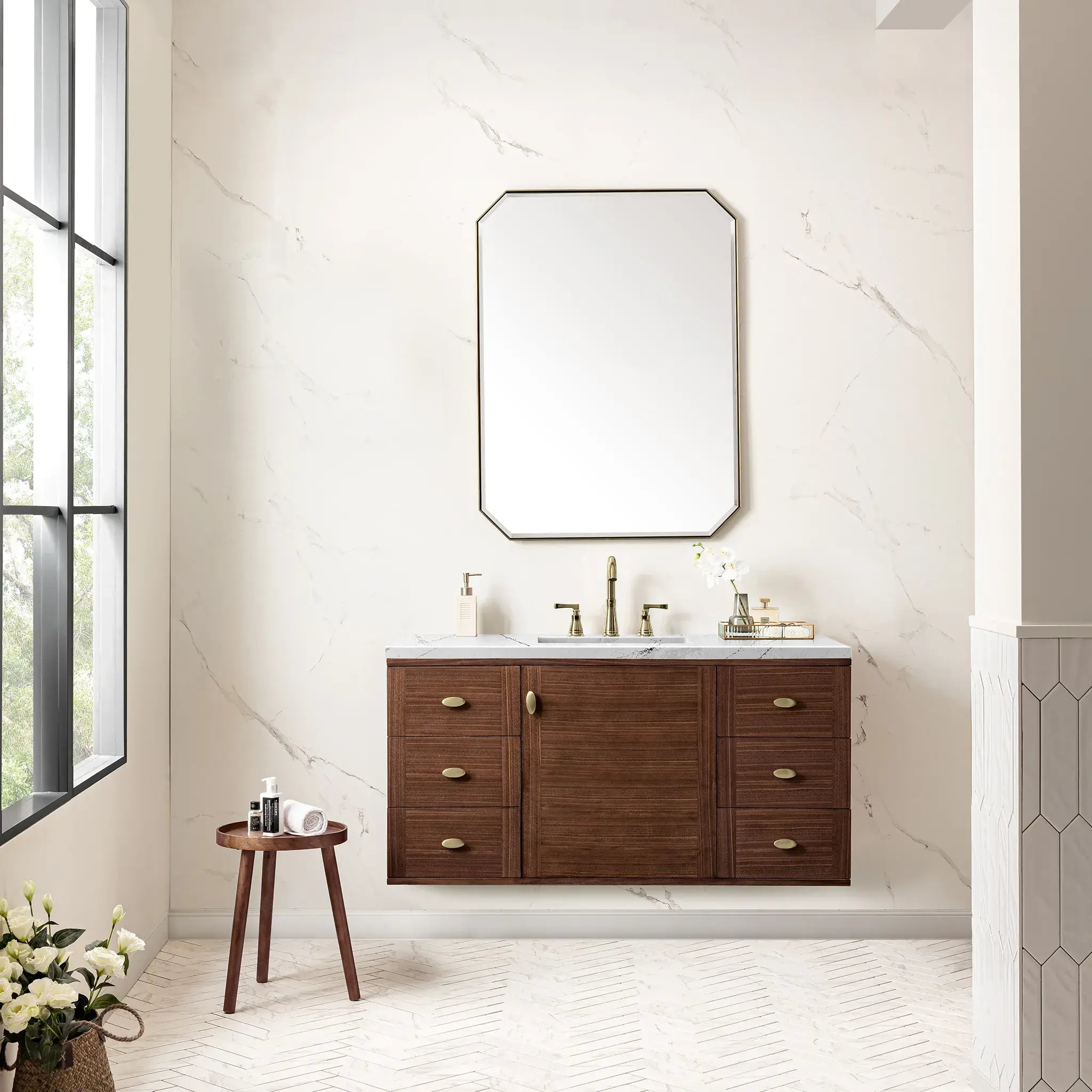48" Amberly Single Vanity in Mid-Century Walnut Wireless Charger-Ethereal Noctis Silestone-8" Widespread image 6