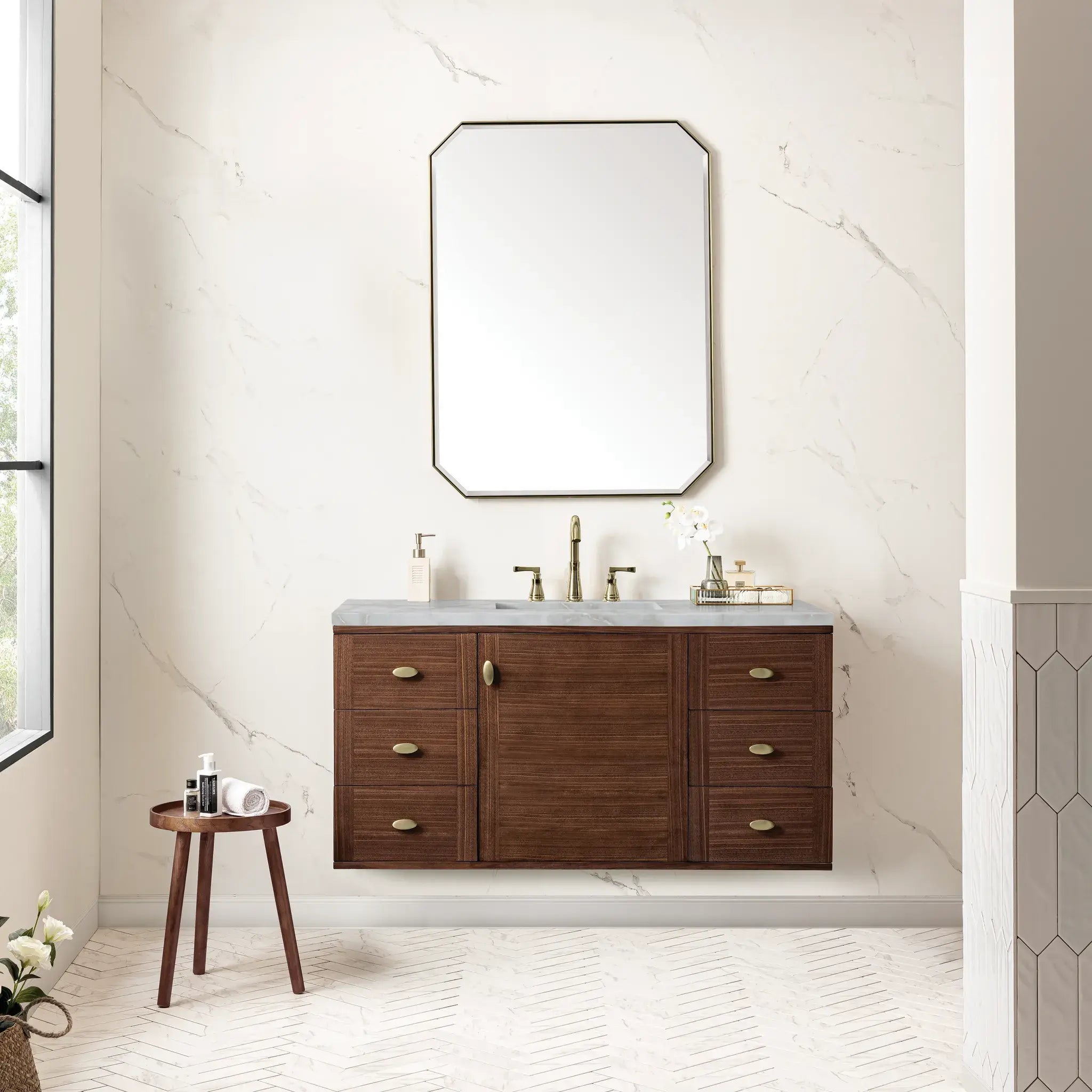 48" Amberly Single Vanity in Mid-Century Walnut Wireless Charger-Victorian Silver Silestone-8" Widespread image 6