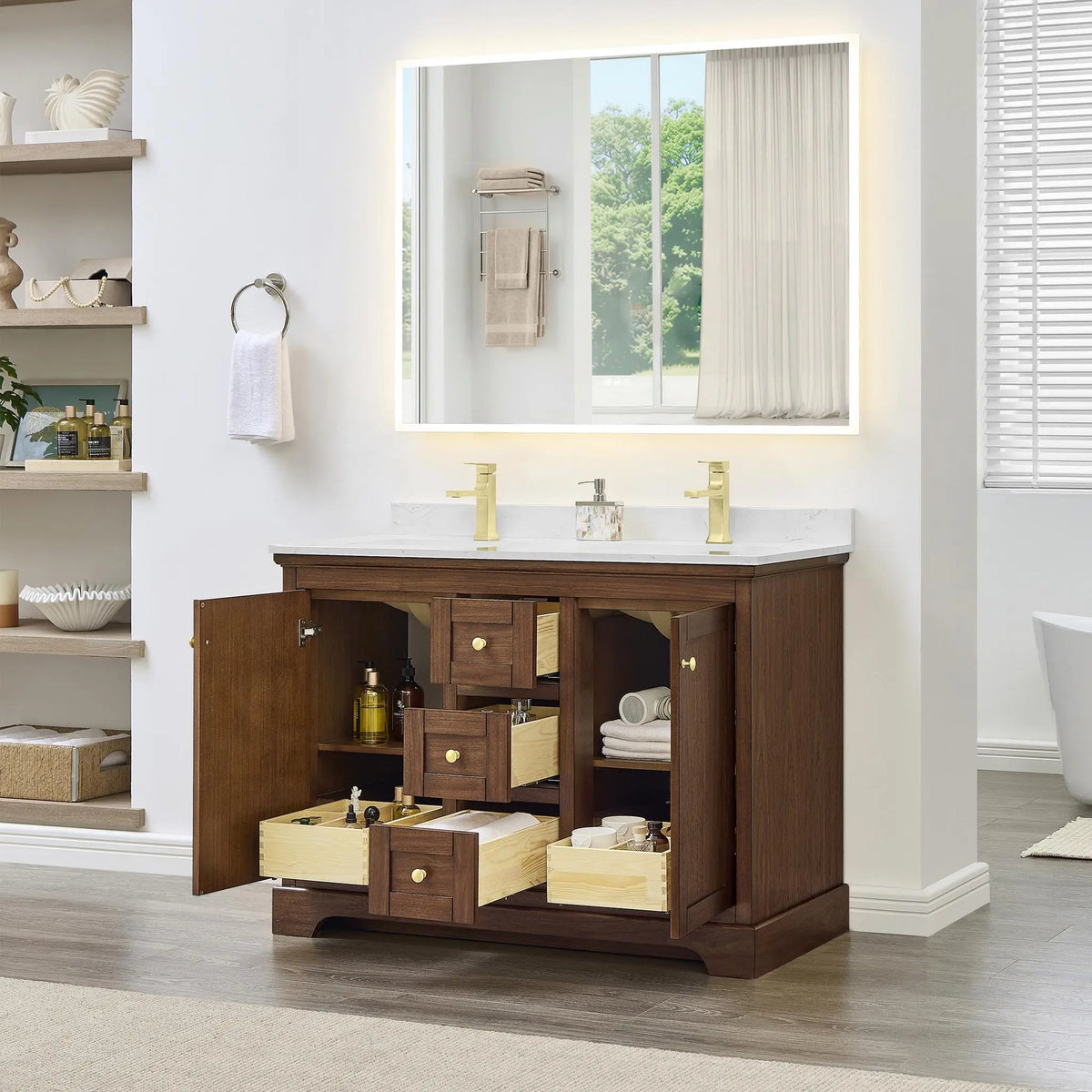 48" Avery Double Bathroom Vanity Dark Walnut Brushed Gold Trim by wyndham View 2