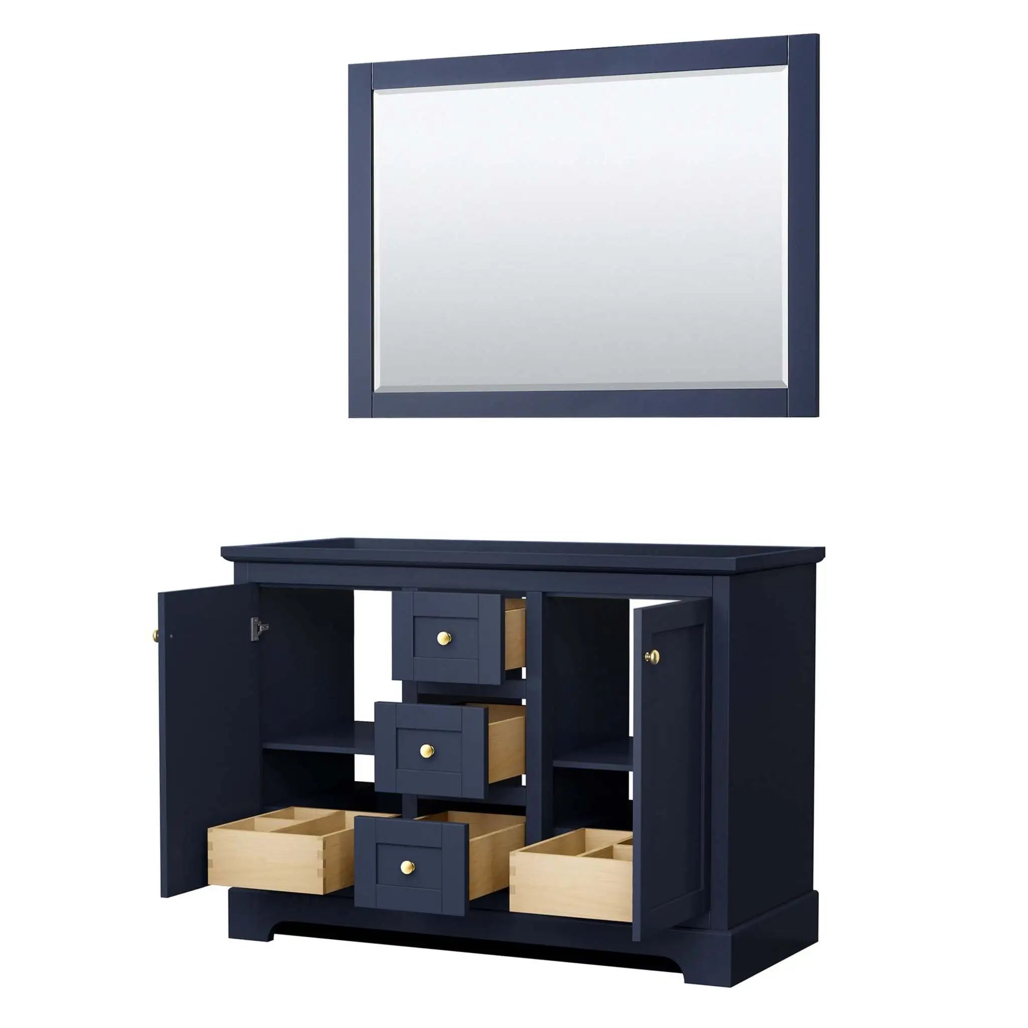 48" Avery Double Bathroom Vanity in Dark Blue with Brushed Gold Trim & 46" Mirror by Wyndham