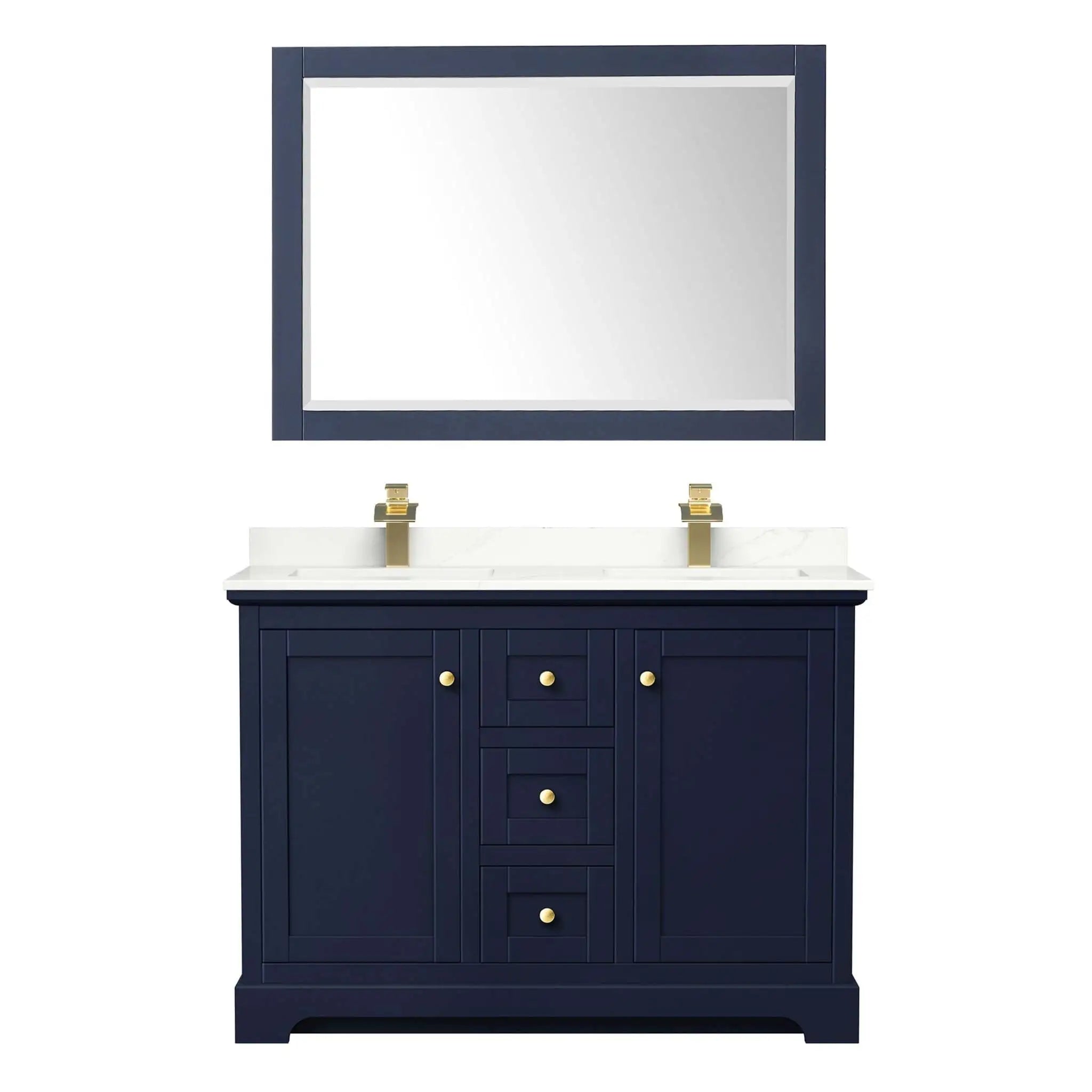 48" Avery Double Bathroom Vanity in Dark Blue with Brushed Gold Trim & 46" Mirror by Wyndham