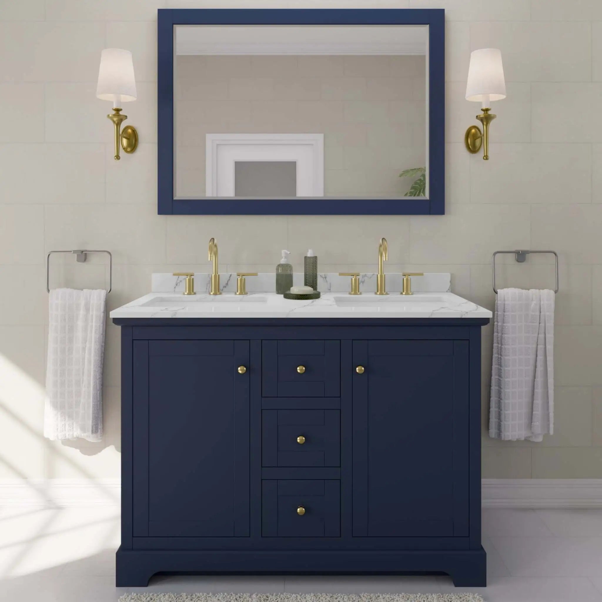 48" Avery Double Bathroom Vanity in Dark Blue with Brushed Gold Trim & 46" Mirror by Wyndham