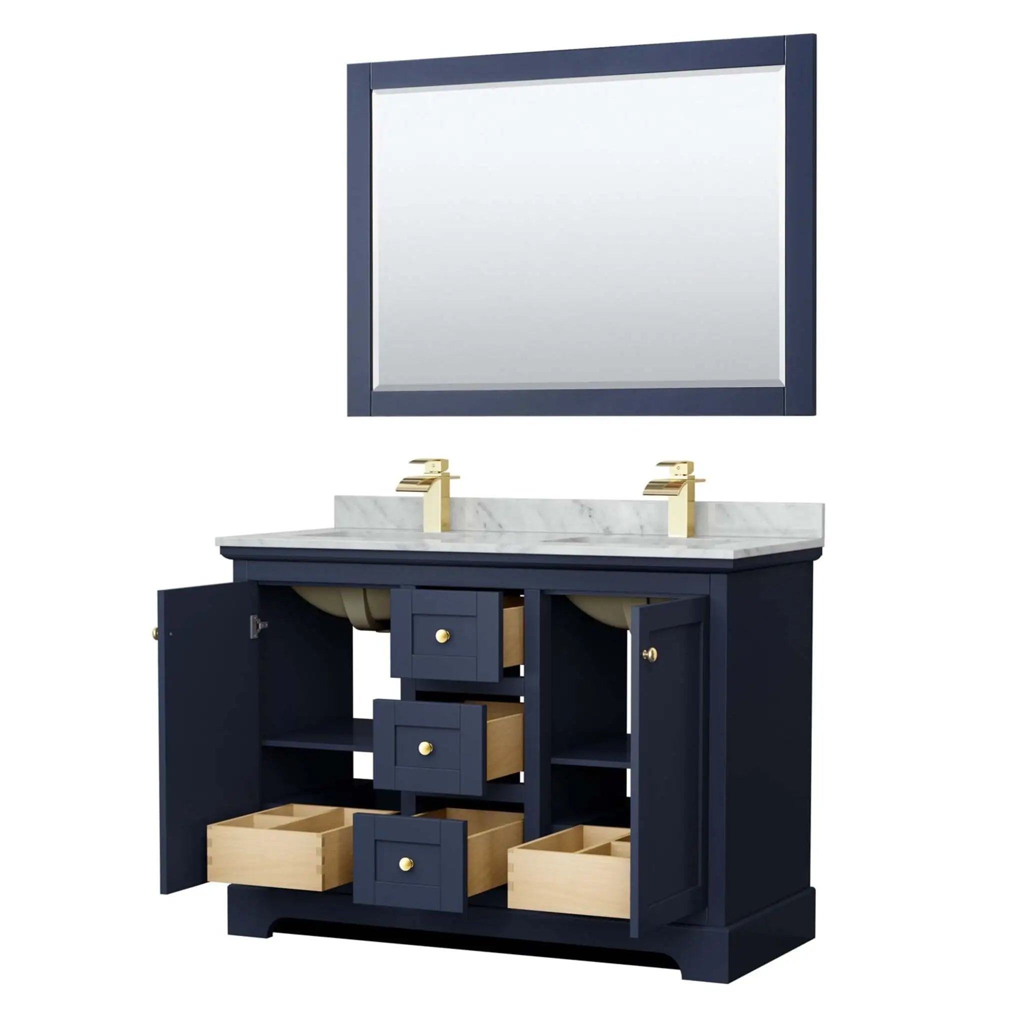 48" Avery Double Bathroom Vanity in Dark Blue with Brushed Gold Trim & 46" Mirror by Wyndham