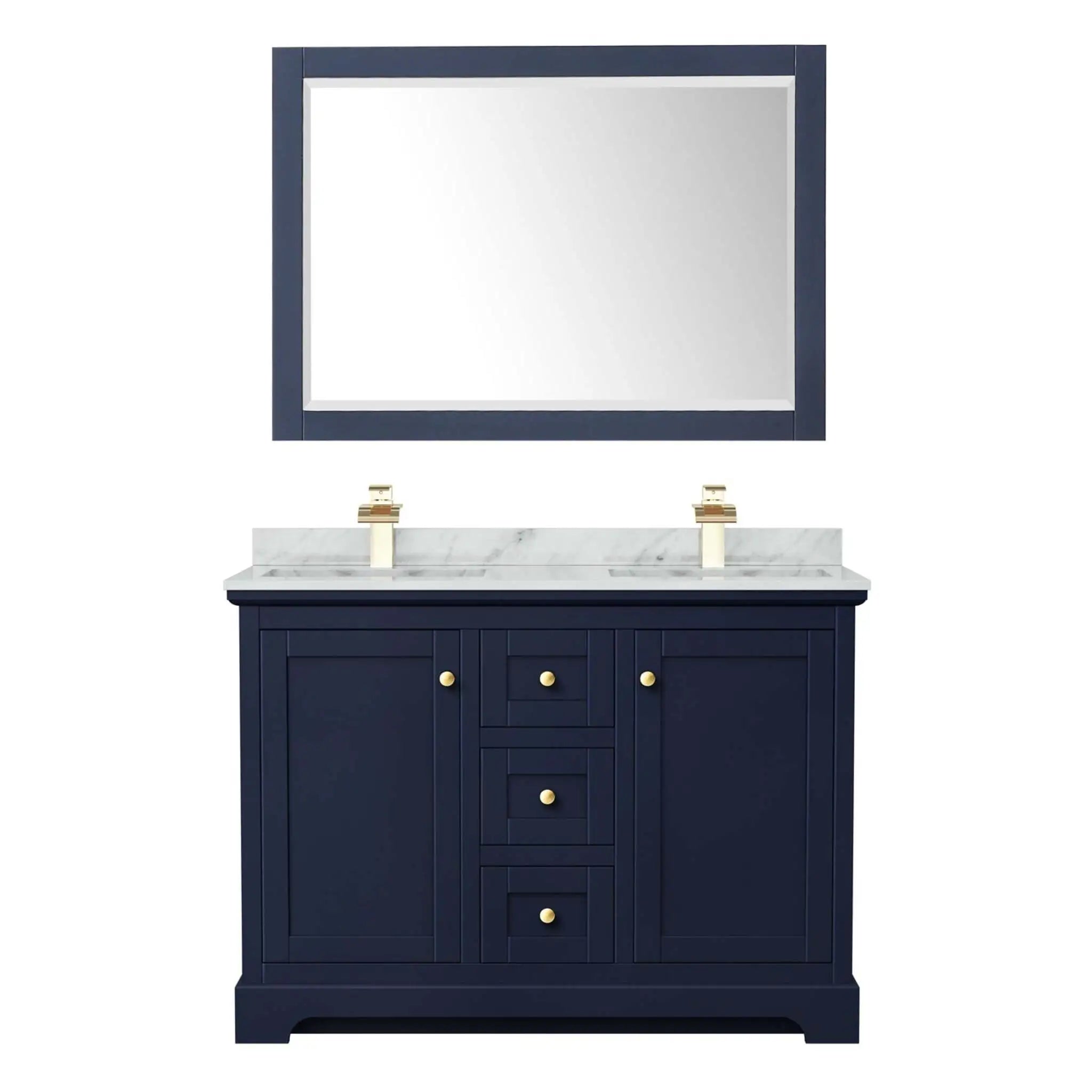 48" Avery Double Bathroom Vanity in Dark Blue with Brushed Gold Trim & 46" Mirror by Wyndham