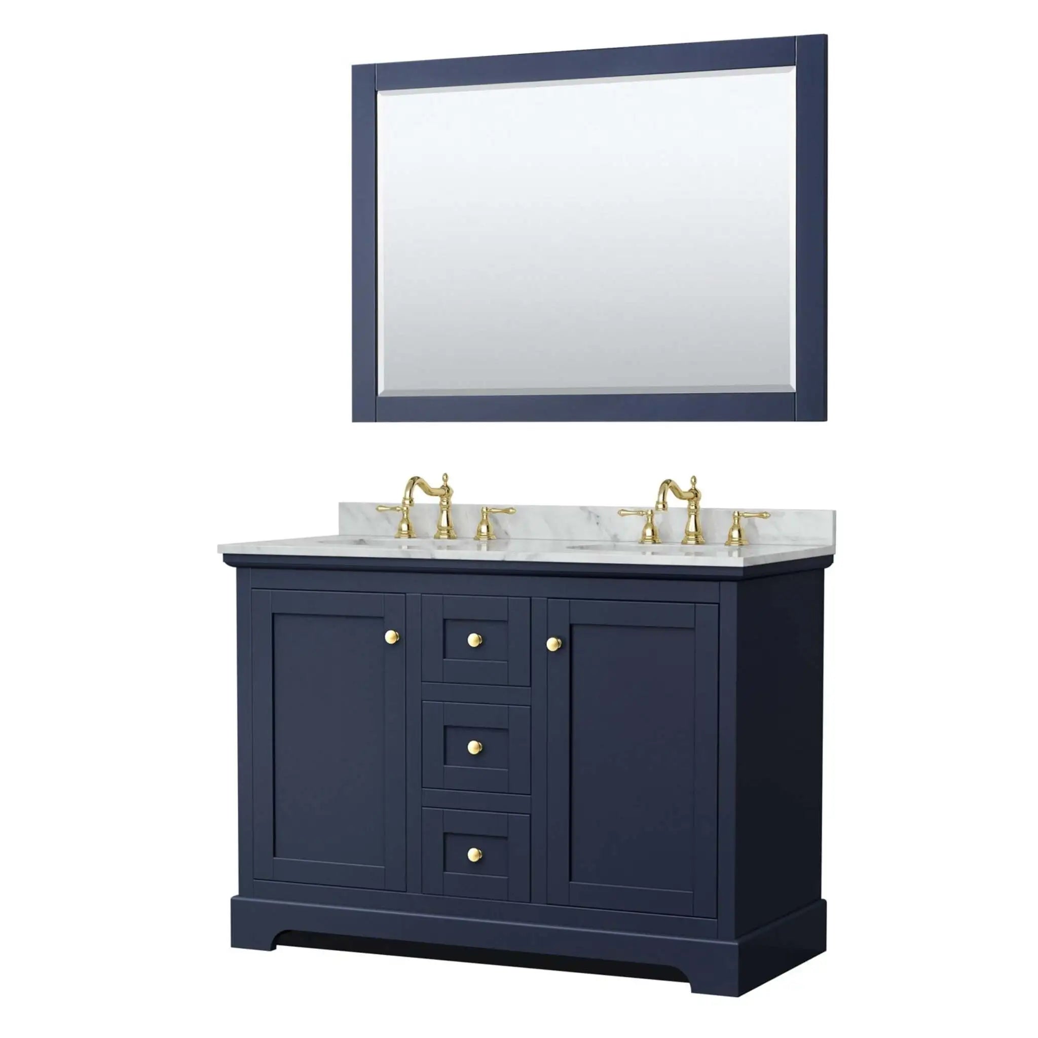 48" Avery Double Bathroom Vanity in Dark Blue with Brushed Gold Trim & 46" Mirror by Wyndham