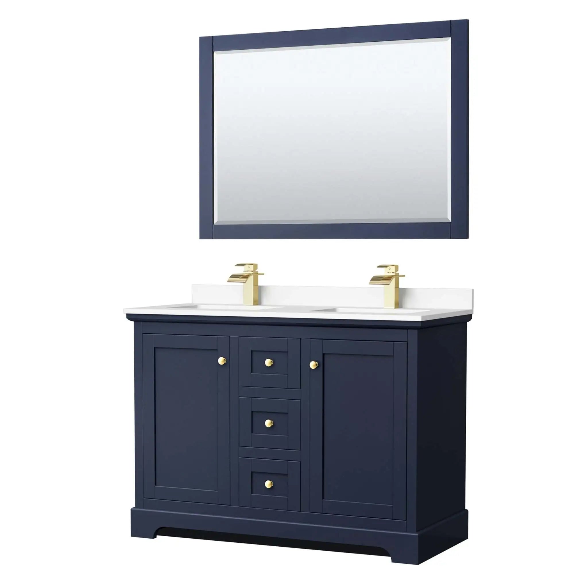 48" Avery Double Bathroom Vanity in Dark Blue with Brushed Gold Trim & 46" Mirror by Wyndham
