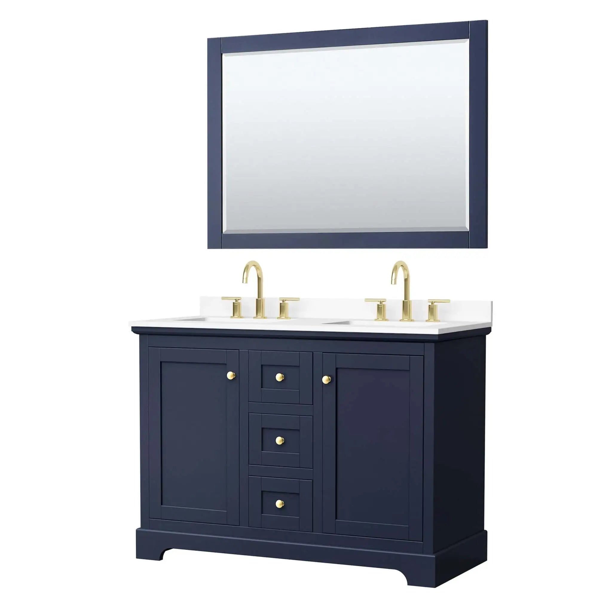 48" Avery Double Bathroom Vanity in Dark Blue with Brushed Gold Trim & 46" Mirror by Wyndham