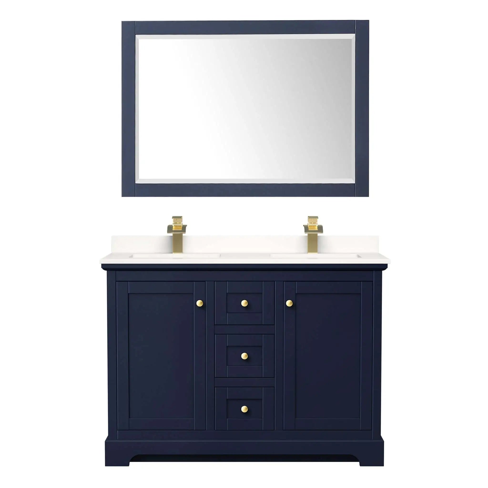 48" Avery Double Bathroom Vanity in Dark Blue with Brushed Gold Trim & 46" Mirror by Wyndham