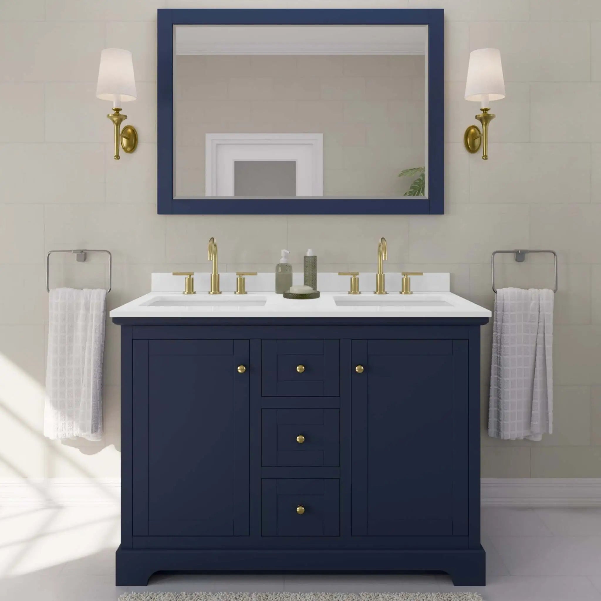 48" Avery Double Bathroom Vanity in Dark Blue with Brushed Gold Trim & 46" Mirror by Wyndham