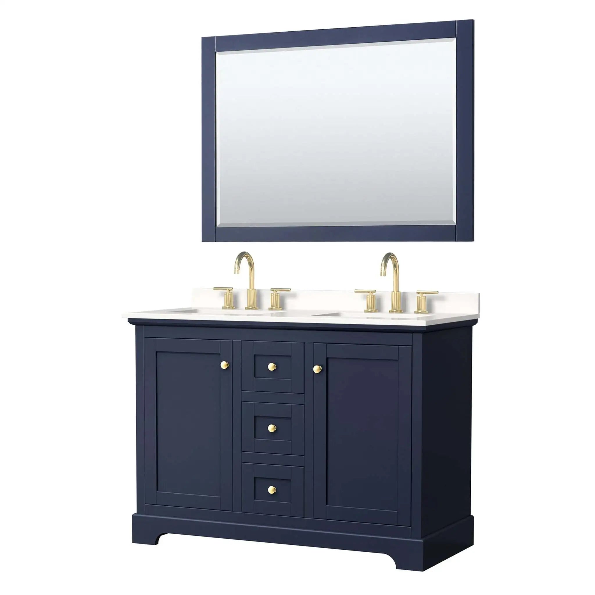 48" Avery Double Bathroom Vanity in Dark Blue with Brushed Gold Trim & 46" Mirror by Wyndham
