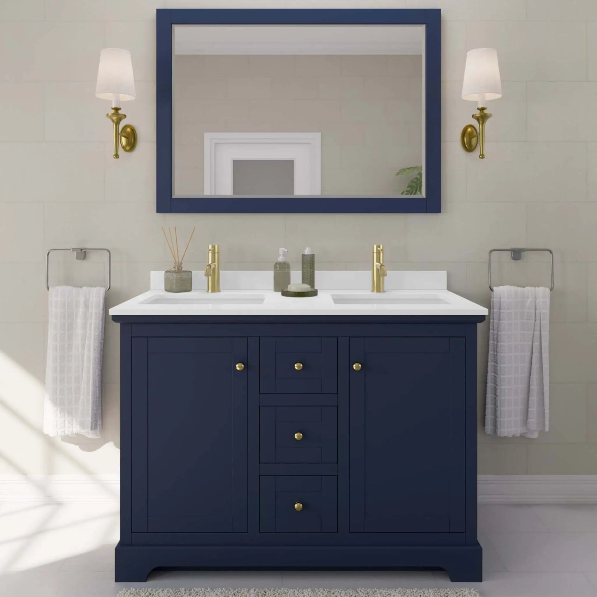 48" Avery Double Bathroom Vanity in Dark Blue with Brushed Gold Trim by Wyndham