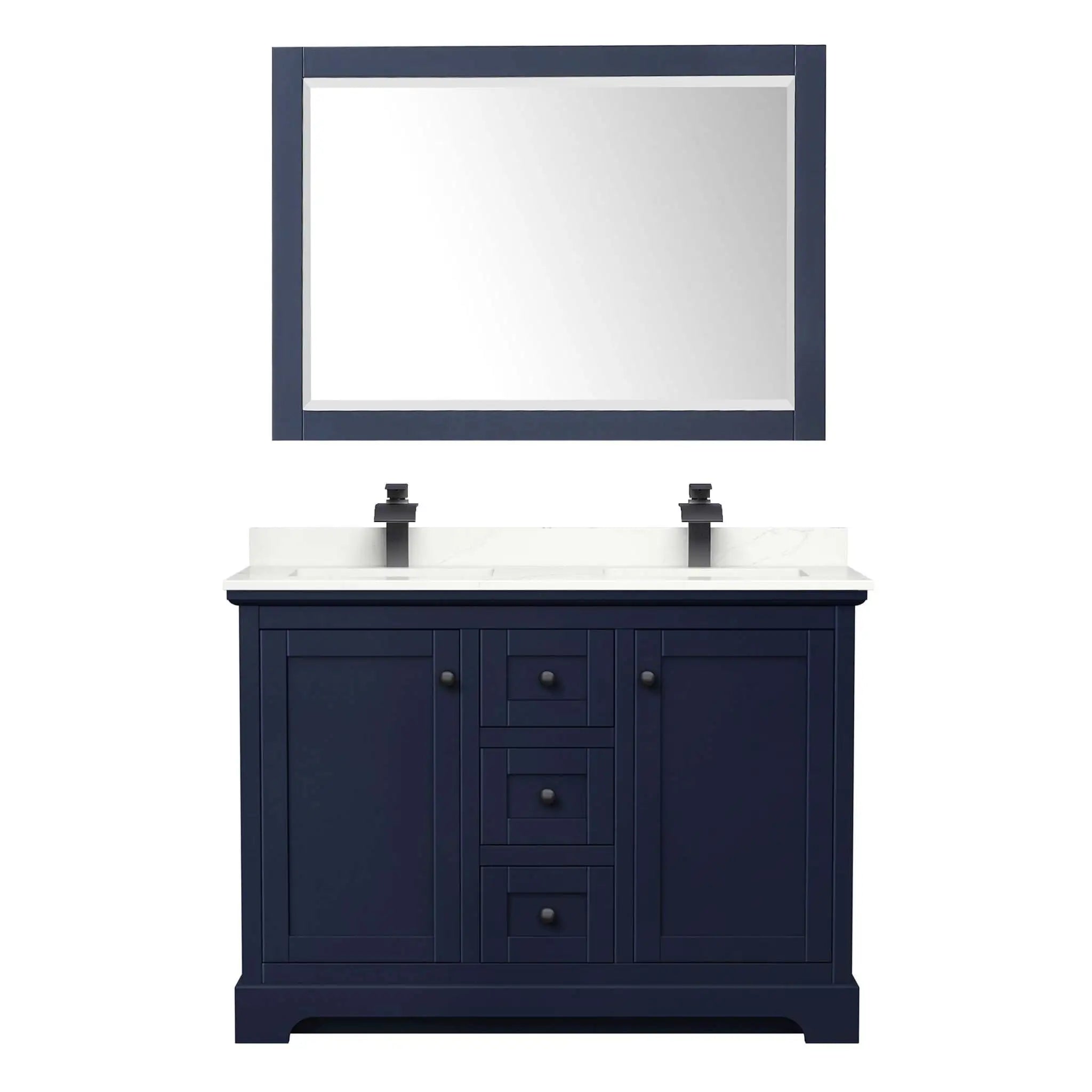 48" Avery Double Bathroom Vanity in Dark Blue with Matte Black Trim & 46" Mirror by Wyndham